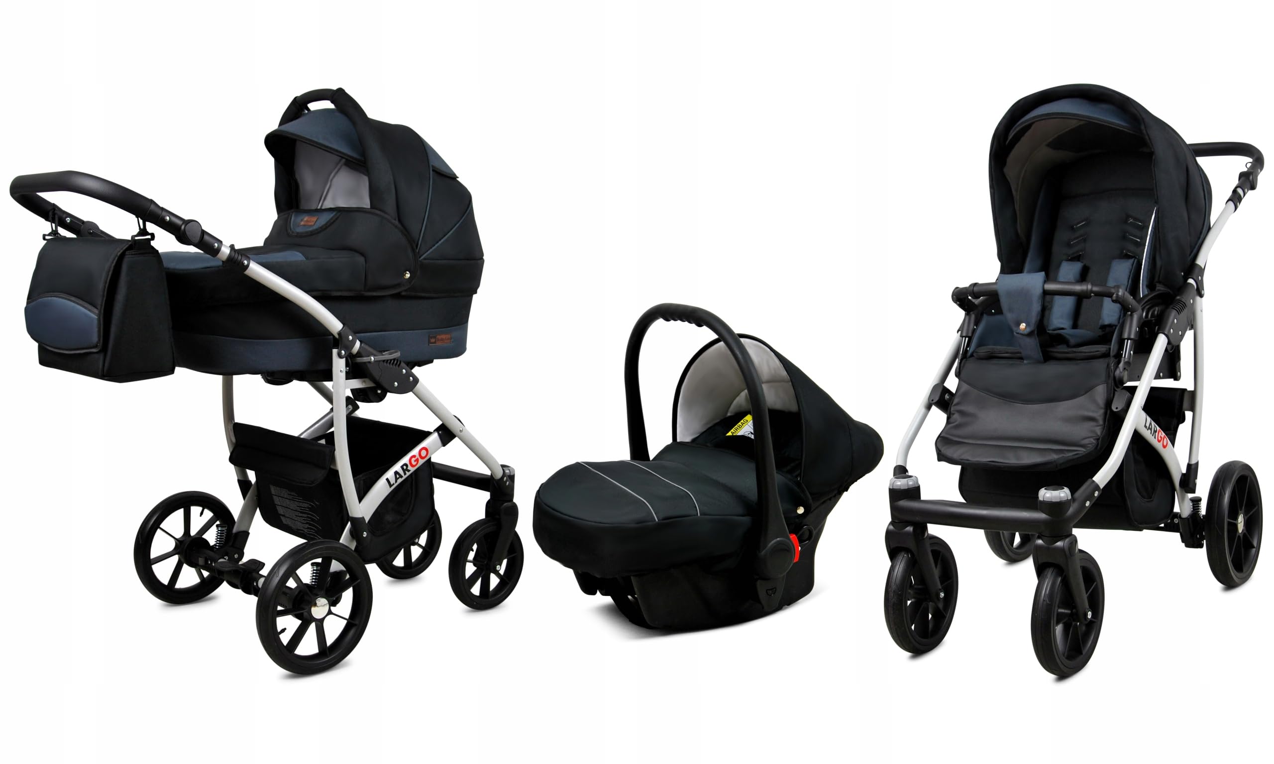 BabyLux® Zestaw wózków dziecięcych 3 w 1 – Largo – w zestawie wanienka dla niemowląt, fotelik sportowy, fotelik samochodowy – zestaw wózków dziecięcych z torbą do przewijania, osłoną przeciwdeszczową