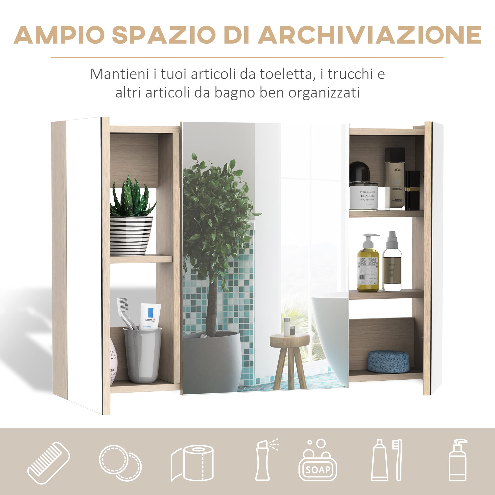 kleankin Specchio Bagno Contenitore con 3 Ante a Specchio Soft Close, Specchiera Bagno con Ripiani Regolabili in Legno e Vetro, 90x13.5x60 cm, Color Legno