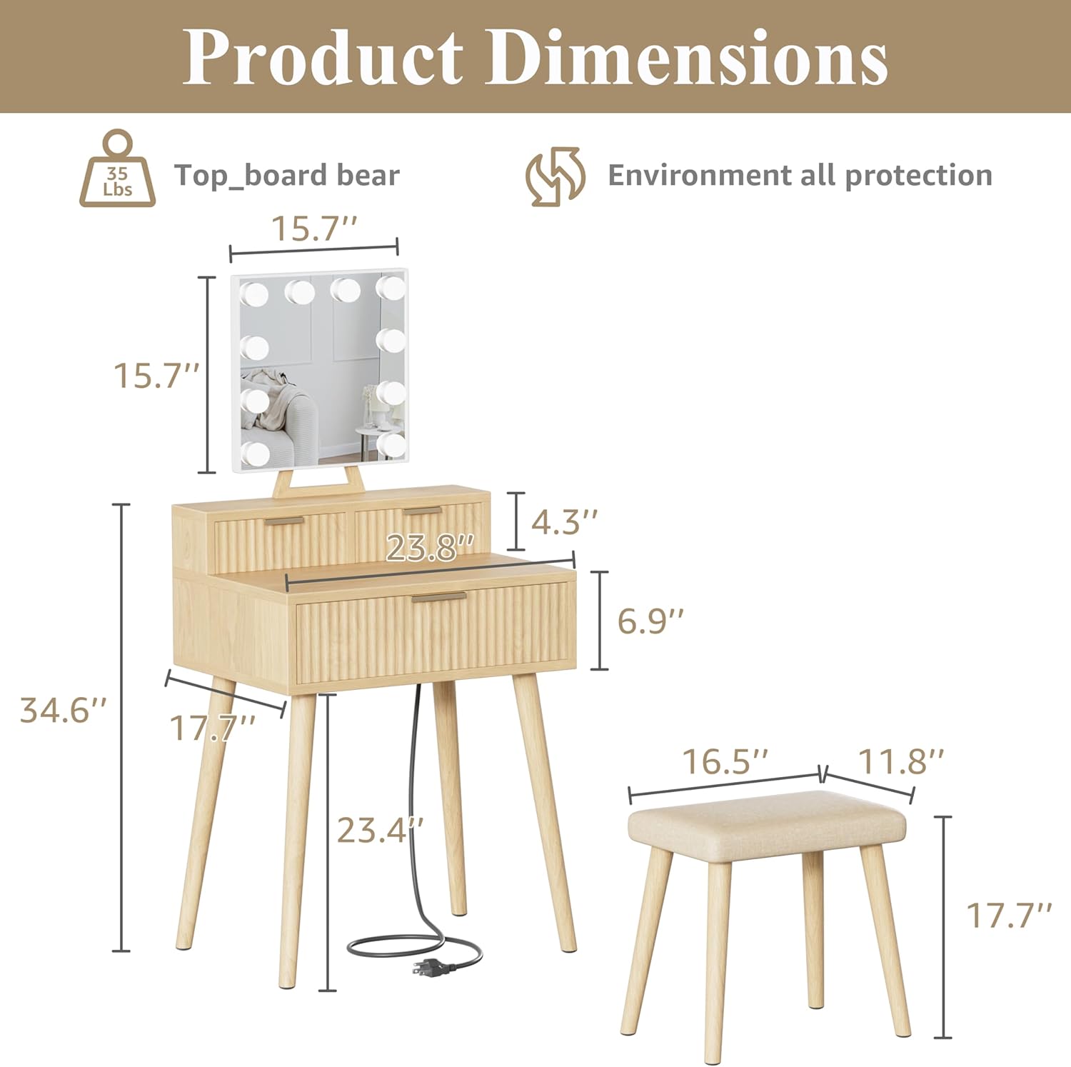 Detailed product dimensions of BOLUO Small Fluted Vanity Desk and stool