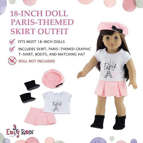Miniatura 6 de Emily Rose Ropa de muñeca de 18 pulgadas, traje de ropa de falda rosa de 4 piezas, incluye sombrero a juego, camiseta gráfica y botines negros |
