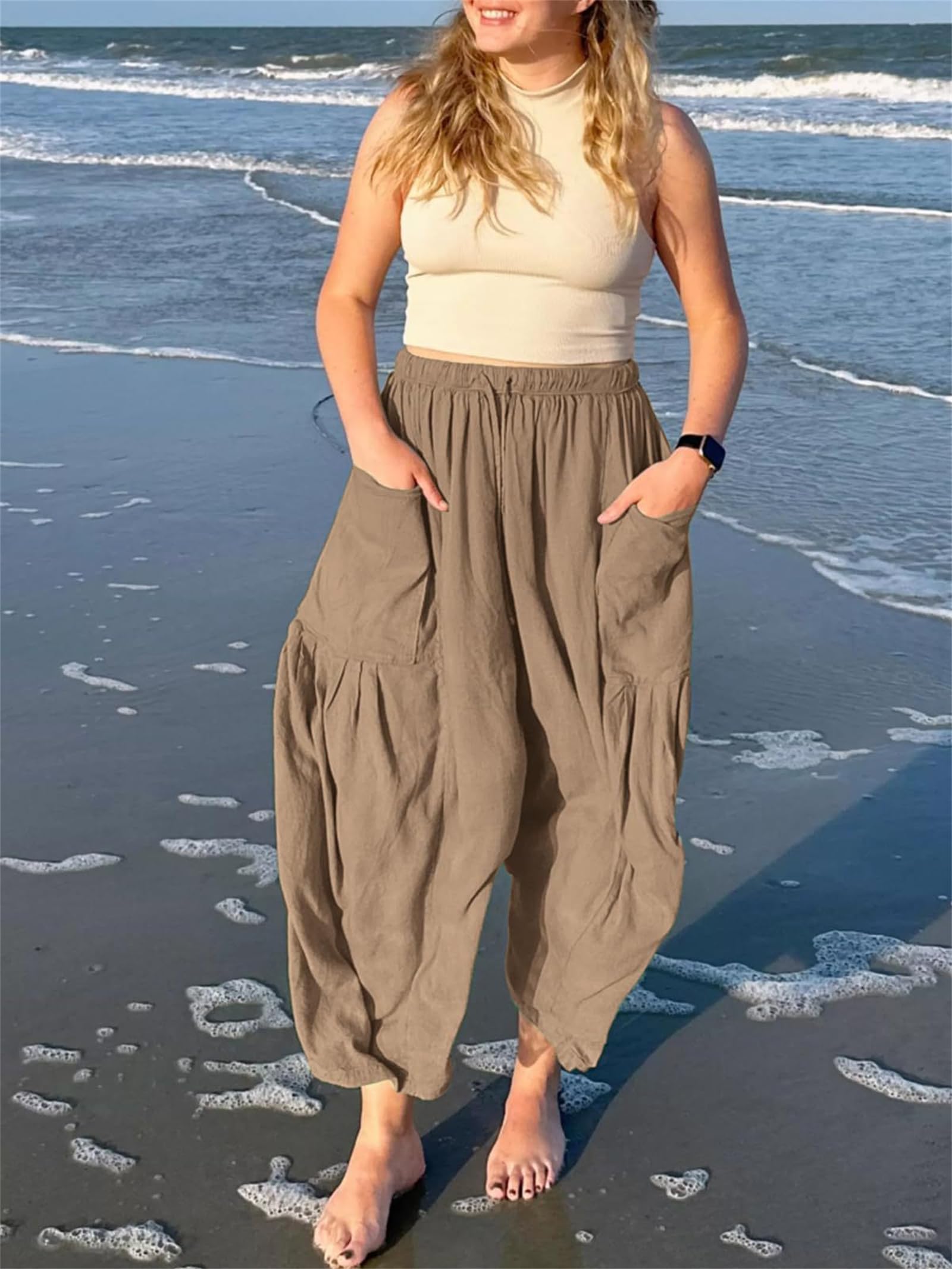 Pantalones Palazzo Anchos de Lino para Mujer, Estilo Casual, Holgados, con cordón Ajustable, Ideales para la Playa y el Verano