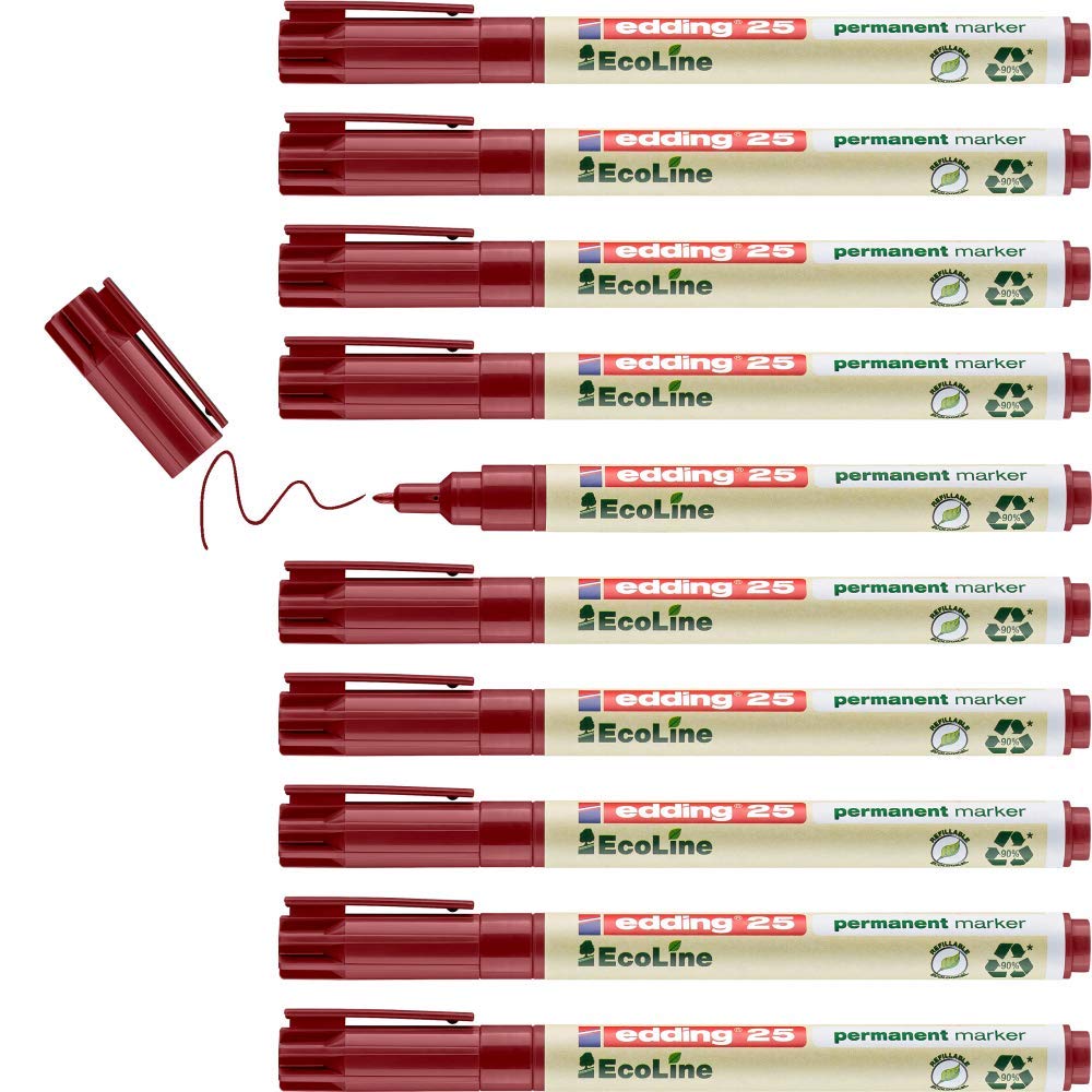 edding 25 EcoLine marcador permanente - rojo - 10 rotuladores - punta redonda 1 mm - indeleble de secado rápido - resistente al agua y los borrones - cartón, plástico, madera, metal, tela - universal