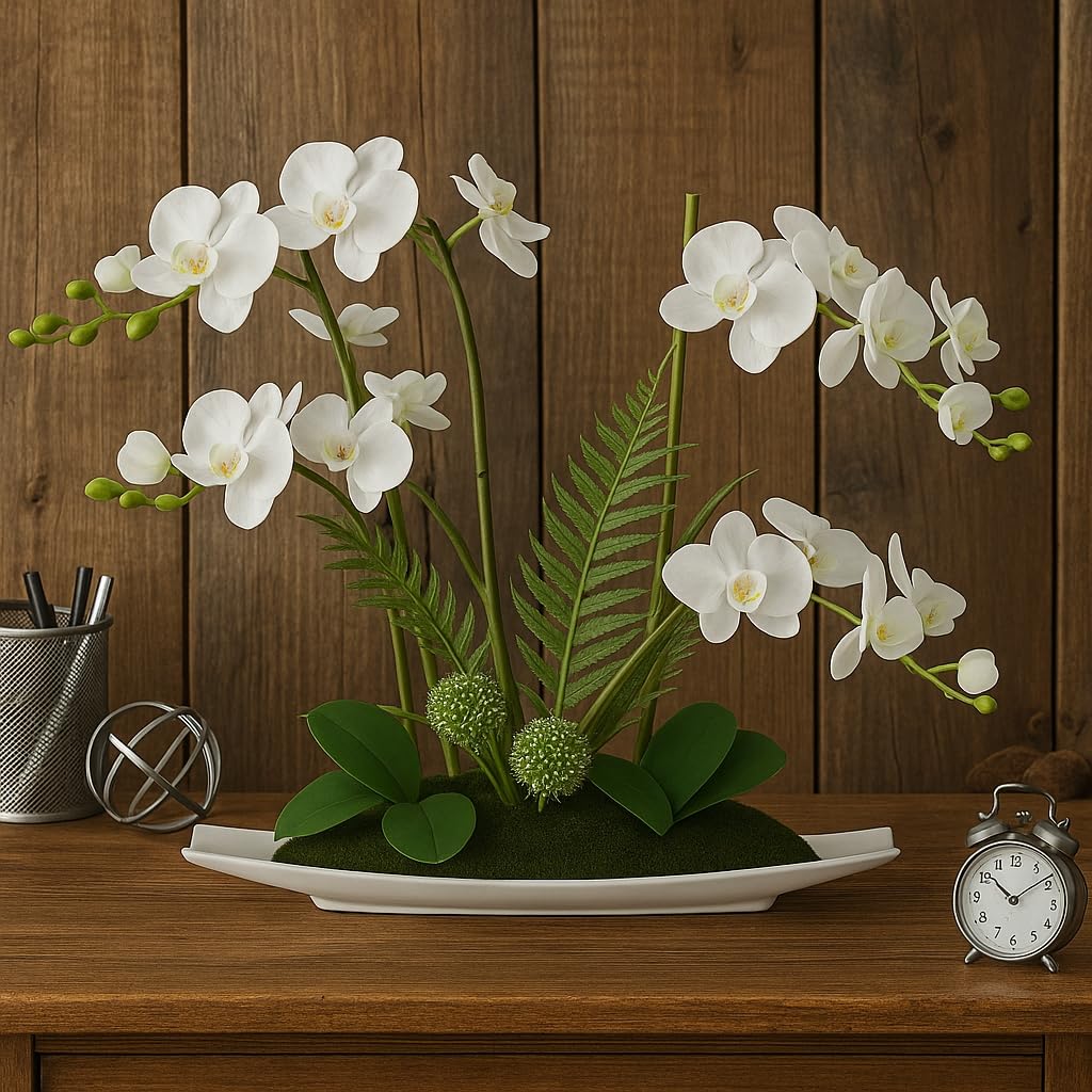 Kunstblume Schmetterling Orchidee 50cm mit Blätter und Luftwurzeln in Schale aus Keramik Künstliche Blume Kunstorchidee Phalaenopsis Kunstpflanze Hochzeit Deko Seidenblume Real Touch Blüte