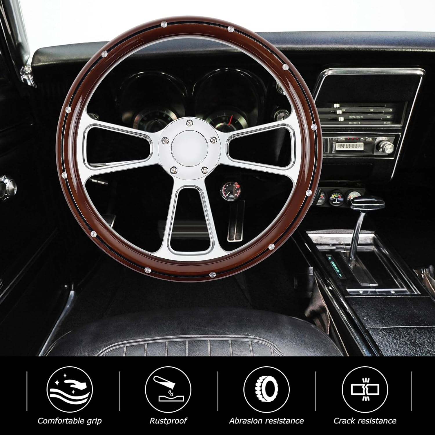 5 Holes 5 Bolts Steering Wheel, 14 inch Wooden Racing Steering Wheel, Grip with Rivets with HornButton, Car Interior Accessories, Car Modification Replacement Parts