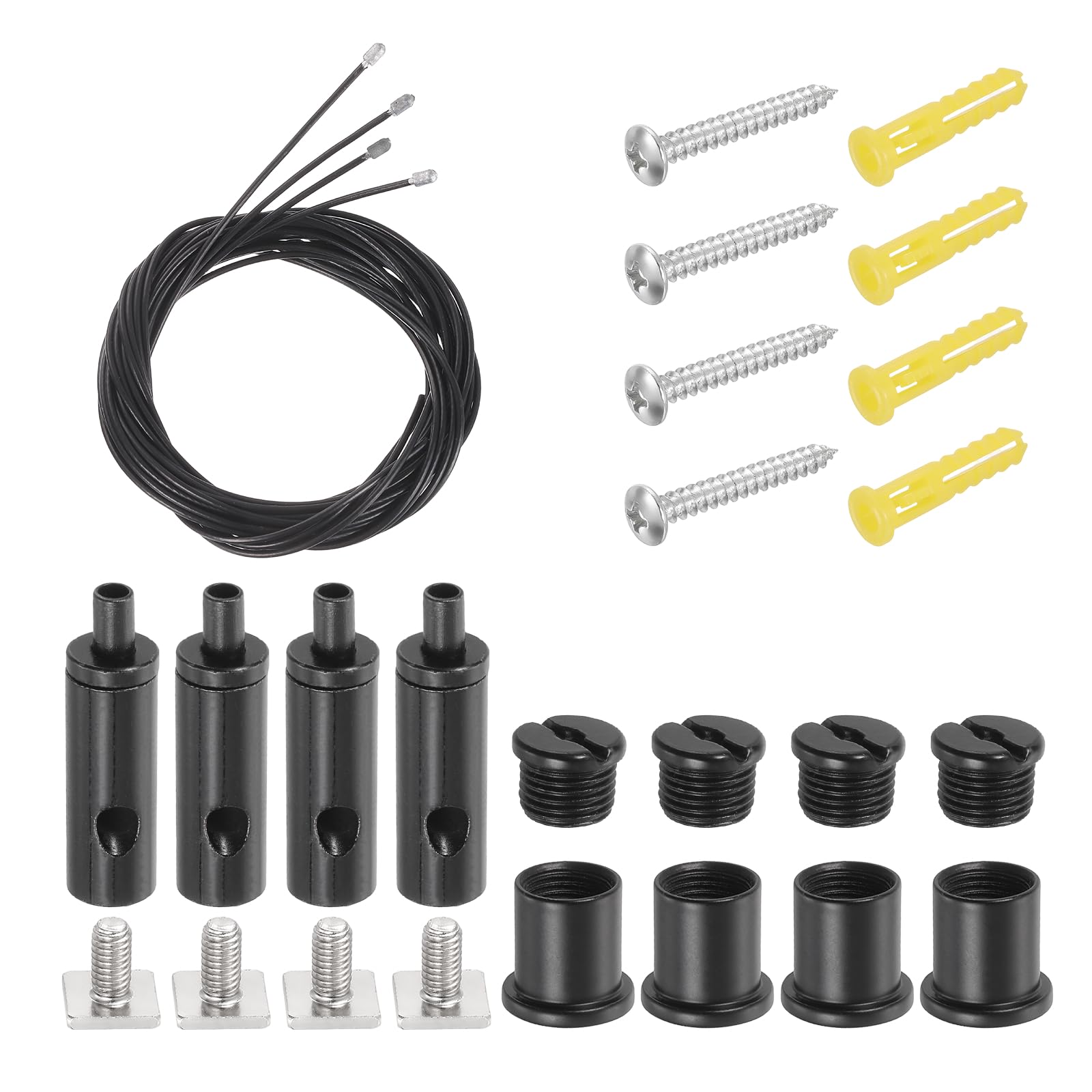 sourcing map 4Set Ceiling Hanging Wire Cable Kit, 6.6ft Bottom Adjust Adjustable Hanging Wire Rope Suspension with Square Mount Screw Kit for Pendant Chandelier Ceiling LED Panel Light, Black
