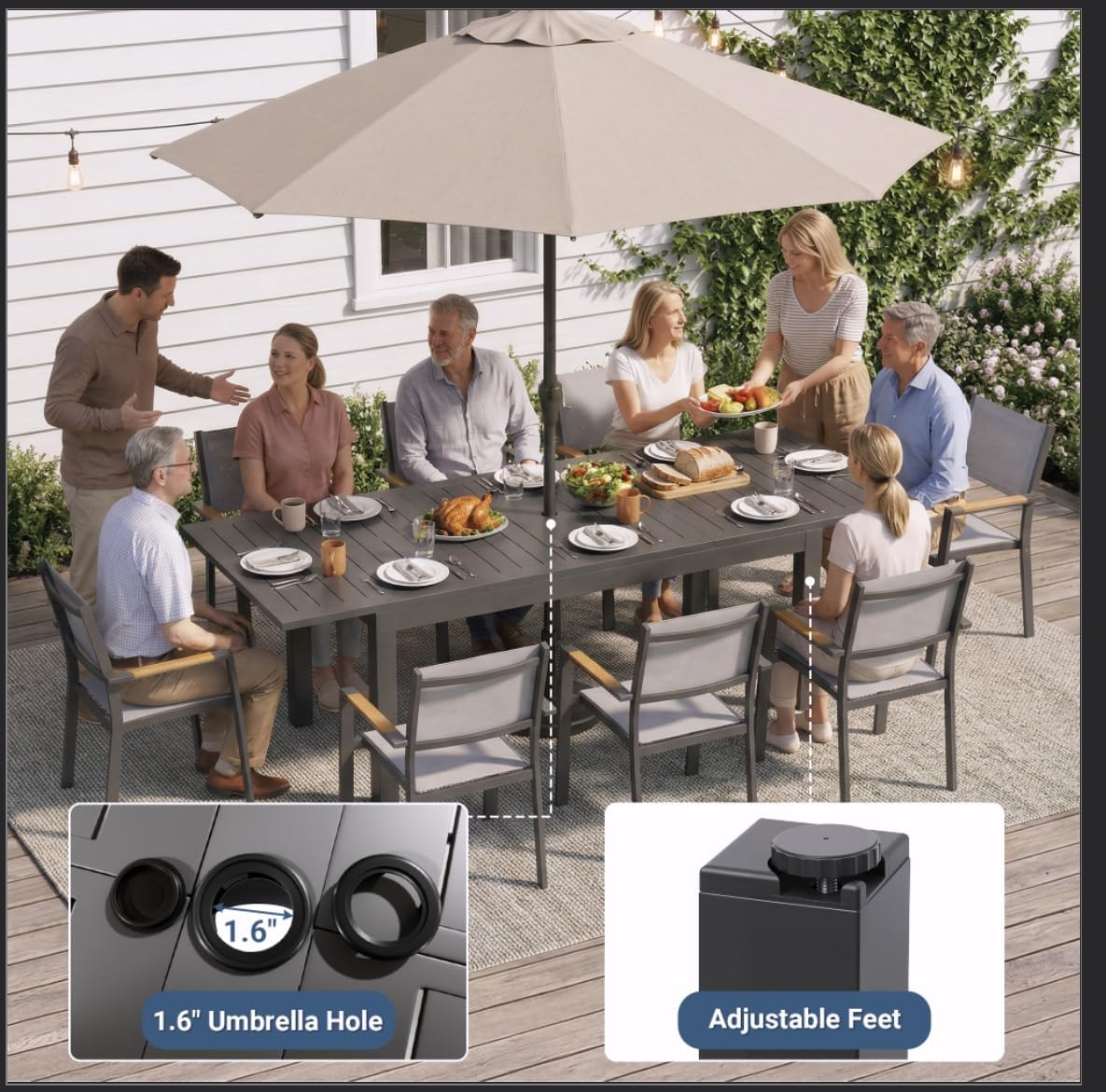 Outdoor Dining Set, Patio Furniture Set with 92" Extendable Dining Table, Outdoor Furniture Set for 4–8 People, All-Weather Aluminum Patio Table and Chairs set for Backyard, Porch, Garden, Grey