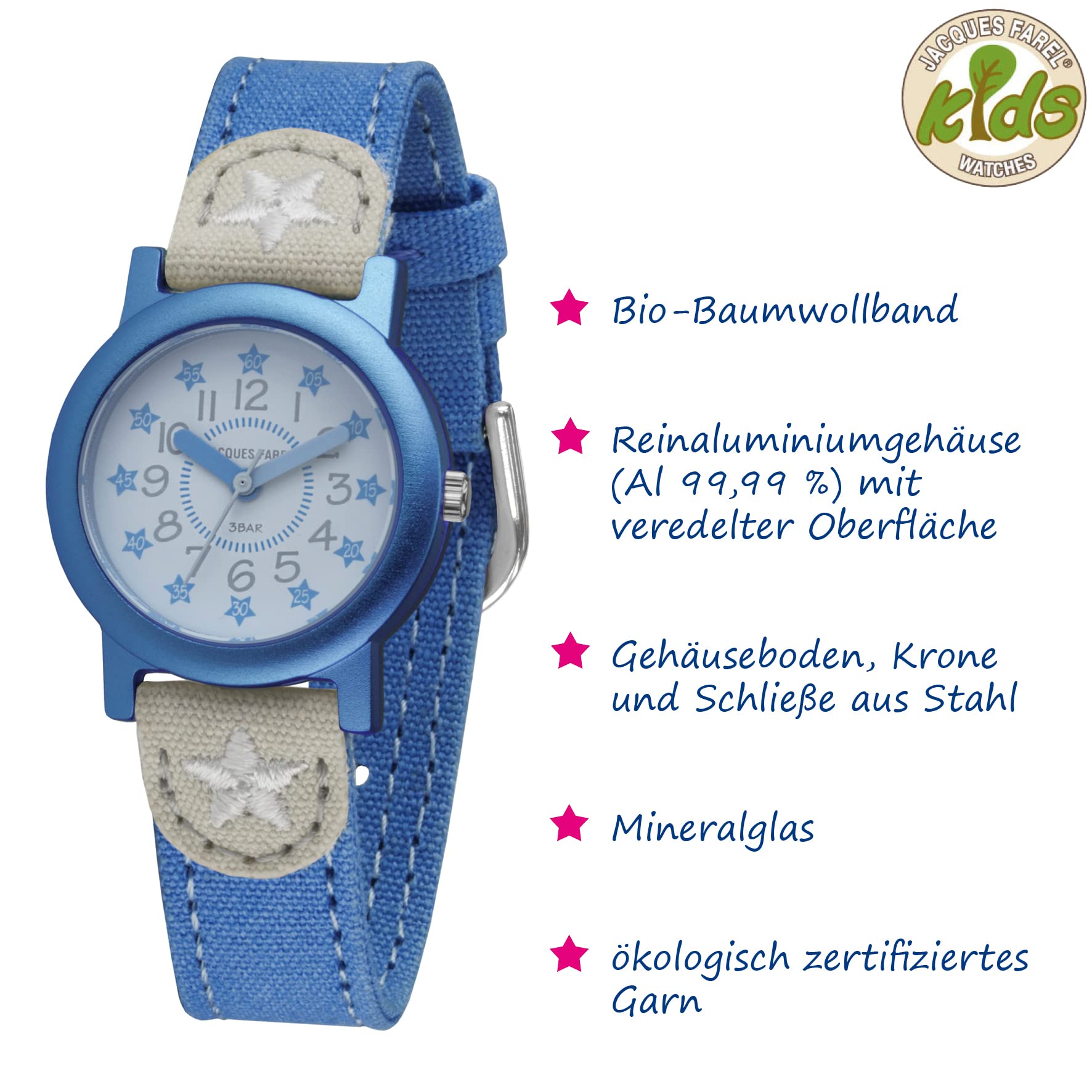 Jacques FAREL Öko Kinderarmbanduhr Mädchen Analog Quarz mit Textilarmband aus Bio-Baumwolle Blau Grau Sterne Nachhaltig ORG 01 STA