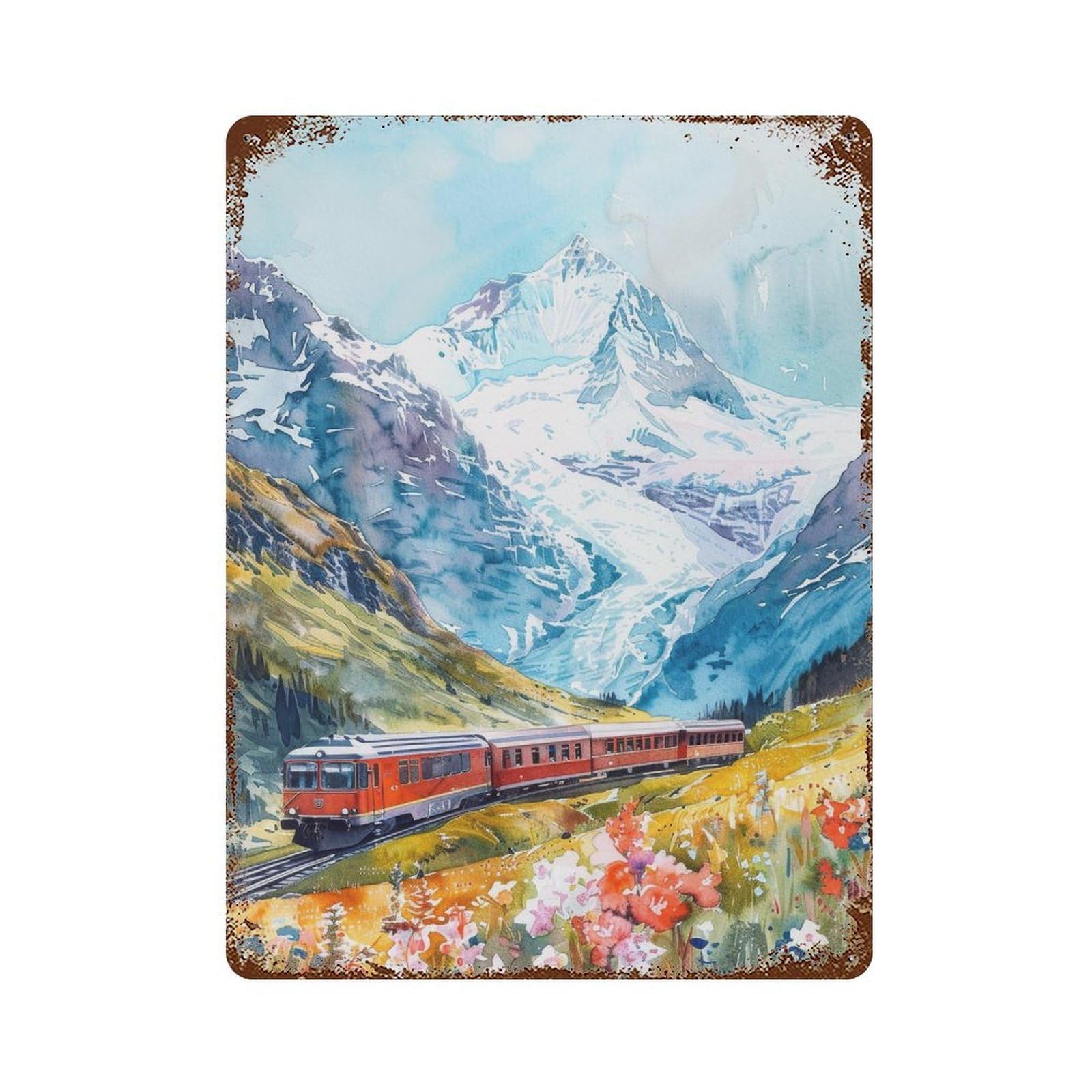 xiaoxiaoshen Jungfrau Region Switzerland Watercolor, Alpine Train Travel Wall Decor Art Metal Tin Poster Modern Home Decor Art Home Bar Shop Decorations Vintage Sign 40x30cm