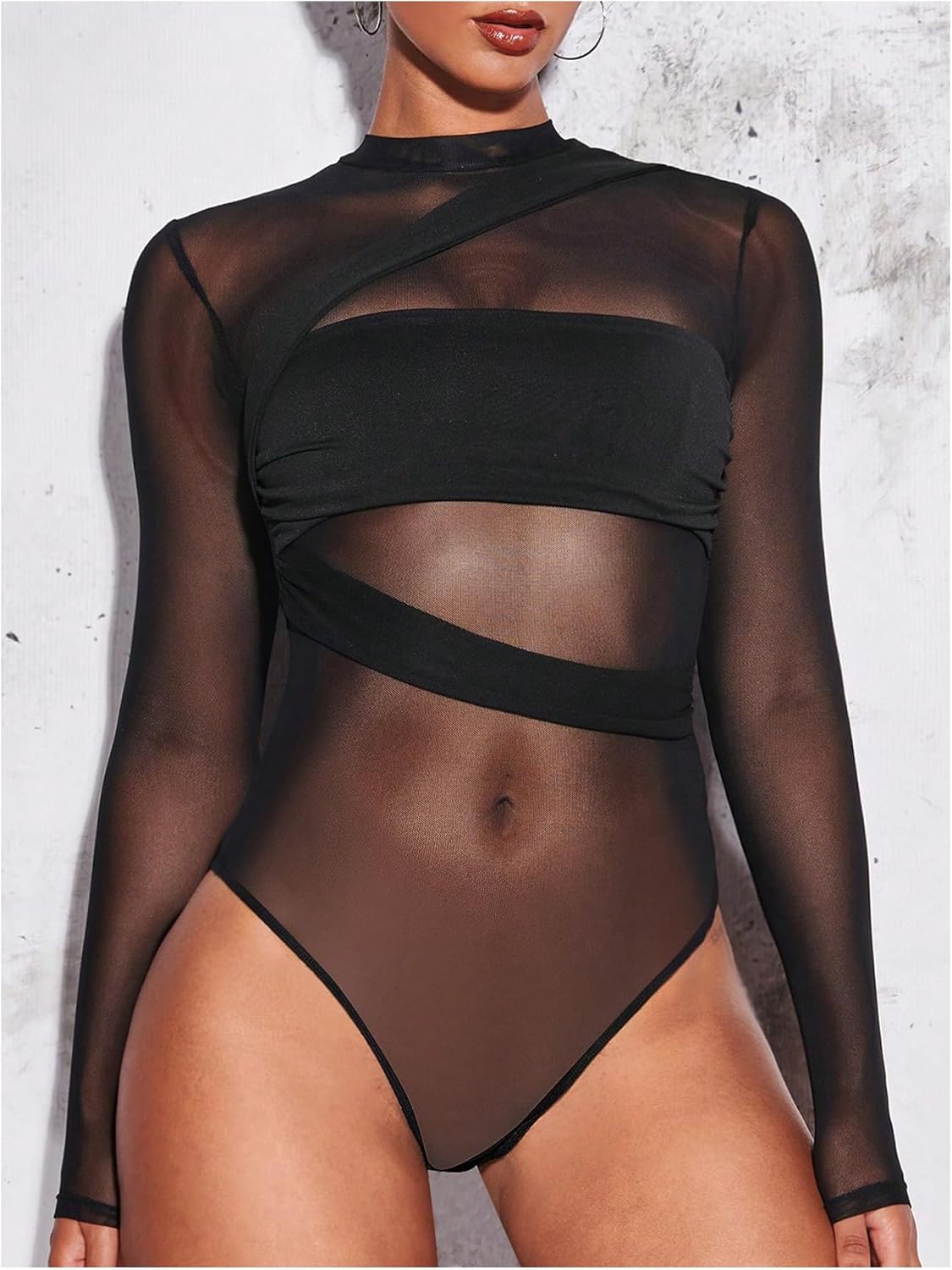 Milumia Women's Mesh Sheer Bodysuit Tops Crew Neck Long Sleeve Going Out Rave Leotards - Image 2