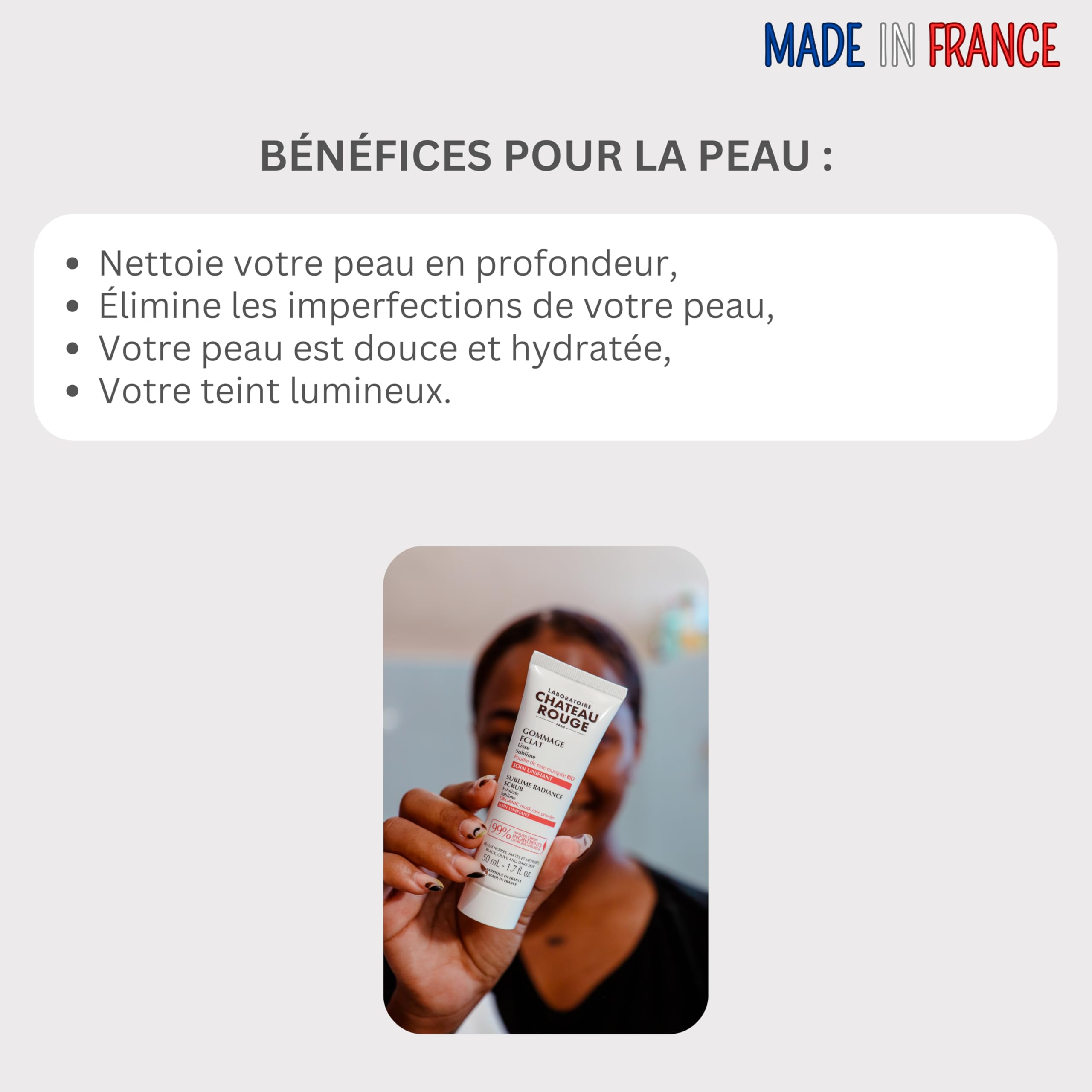 Laboratoire Château Rouge Gommage Visage Éclat 50 ml – Exfoliant Doux à la Rose Musquée Bio – Peaux Noires, Mates & Métissées – 99% d’Origine Naturelle – Made in France