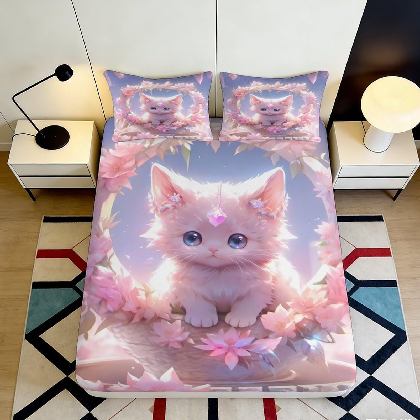 3D Printed Pink Kitten Fitted Sheet Microfiber Soft Bedroom Decor Floral Cat Bed Cover for Adults Teens 90x200x25cm