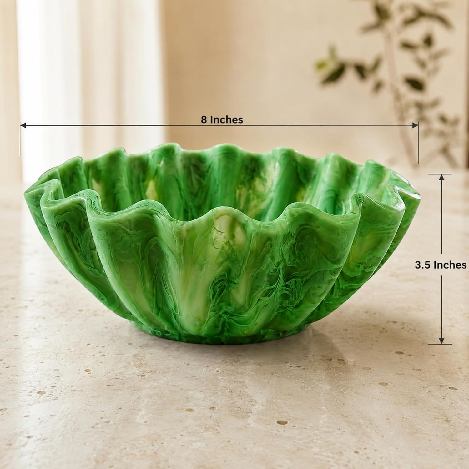 SS CRAFTS INDIA Scalloped Blossom Swirl Resin Salad Serving Bowl – Green Decorative Fruit Bowl & Candy Dish for Kitchen Counter, Entryway & Home Decor (8x3.5-Inch)