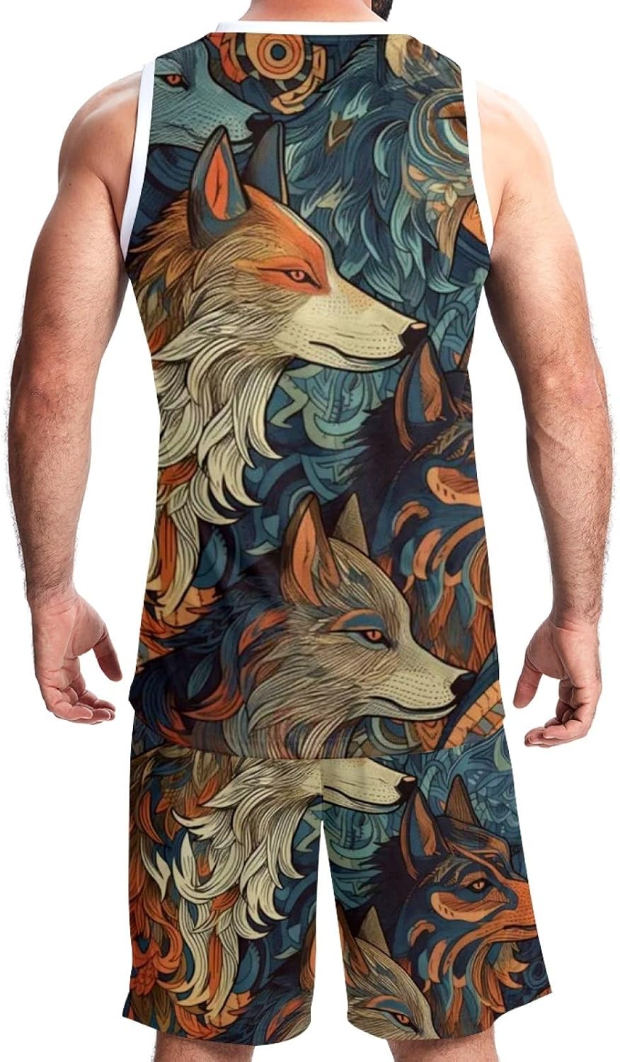 Men's Basketball Jersey Set Vintage Wolf Pattern Jersey Shorts with Pockets Sportswear for Men Adults Kids 5XL
