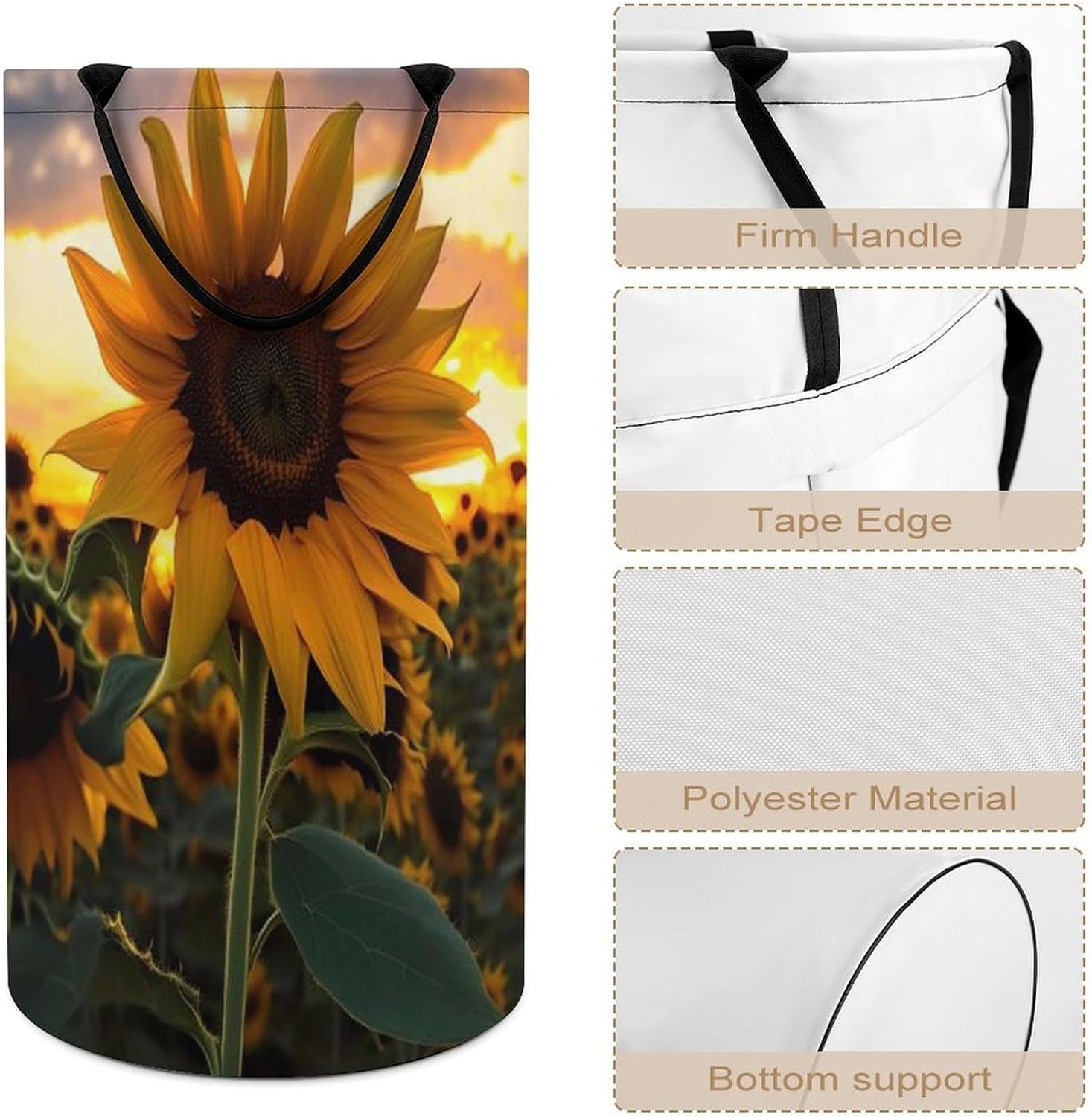 Farm Sunflower Laundry Hamper with Handles Waterproof Collapsible Laundry Basket Large Lightweight Round Dirty Clothes Hamper for Home Dorm Bathroom Decor
