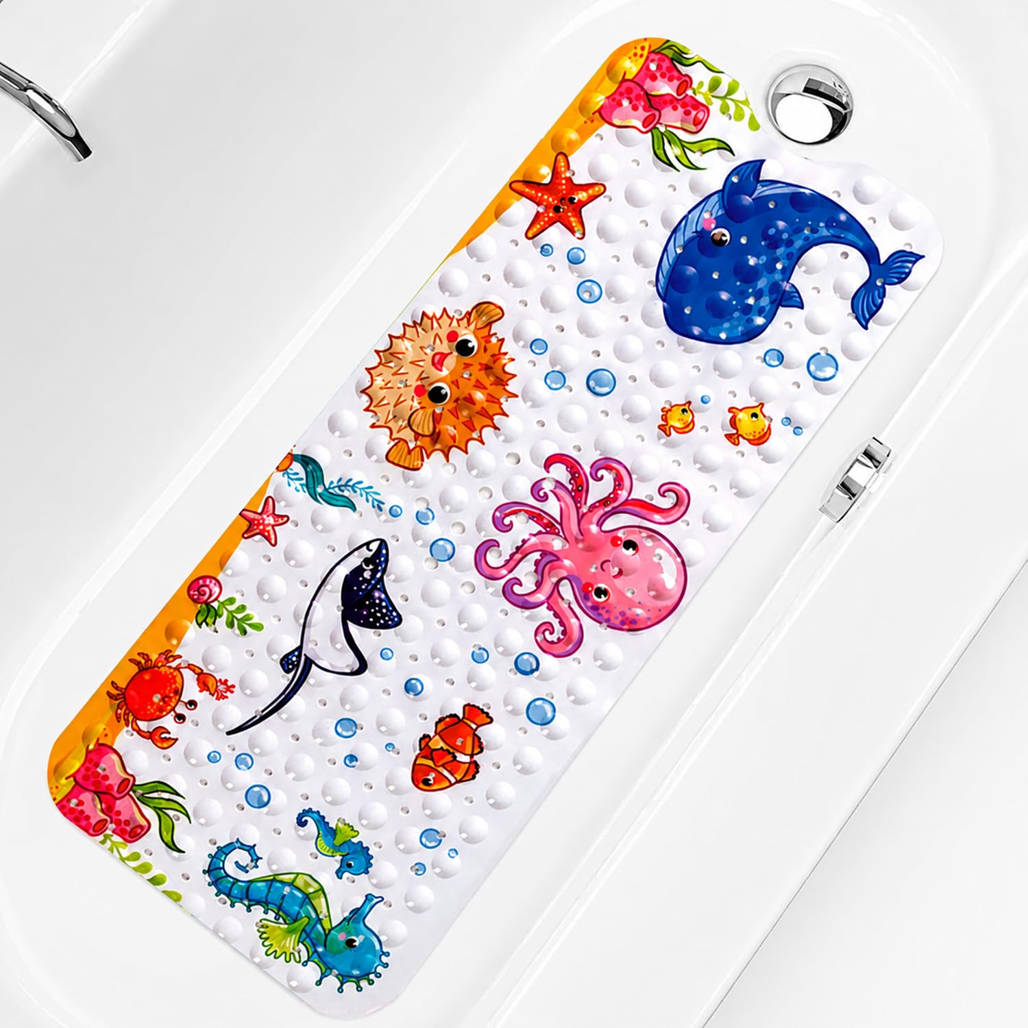 Tapis de Bain Antidérapant pour Bébé et Enfants, 100 x 40 cm, avec Ventouses et Trous d’Évacuation, Lavable en Machine, Motif Pieuvre Rose