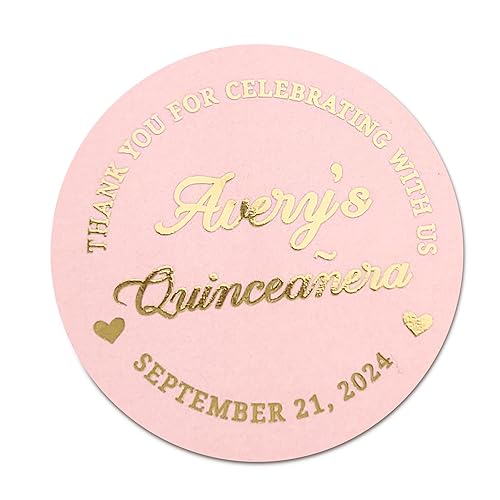 XOXOKristen Round Circle Pink and Gold Quinceañera Labels, Mis Quince Años Sticker Labels for Quince Favors, Quinceanera party favors, Invitations
