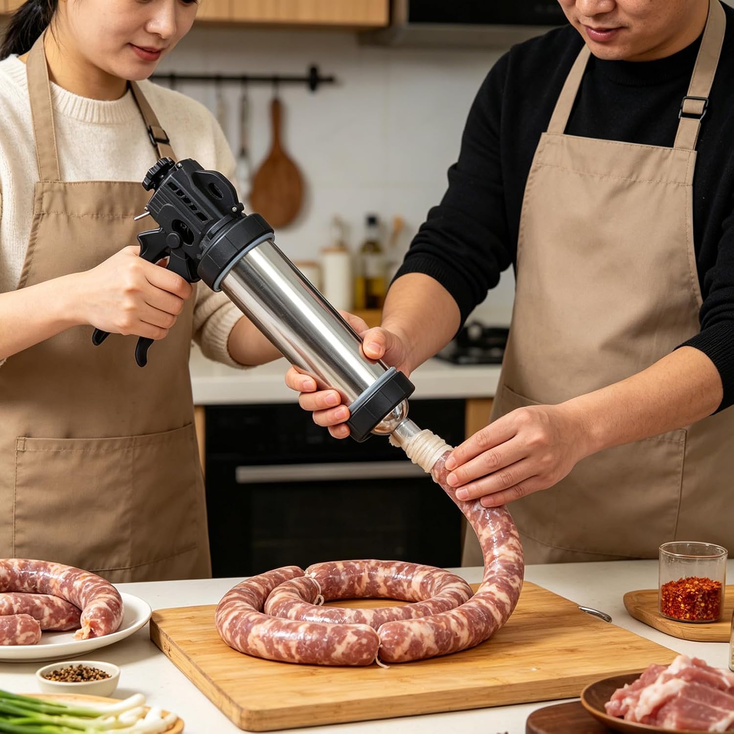 1 Set Sausage Meat Filling Machine - Simple Hand-Made Sausage Making Machine Tools - Stainless Steel Meat Stuffer With Stuffing Tubes
