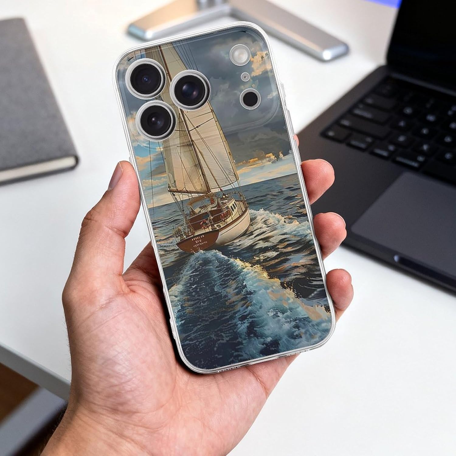 Clear Phone Case for iPhone 17 Pro Case, Ocean Sailboat Prints Shockproof TPU Cell Cover with Wireless Charging, Anti-Yellowing, Transparent image 4
