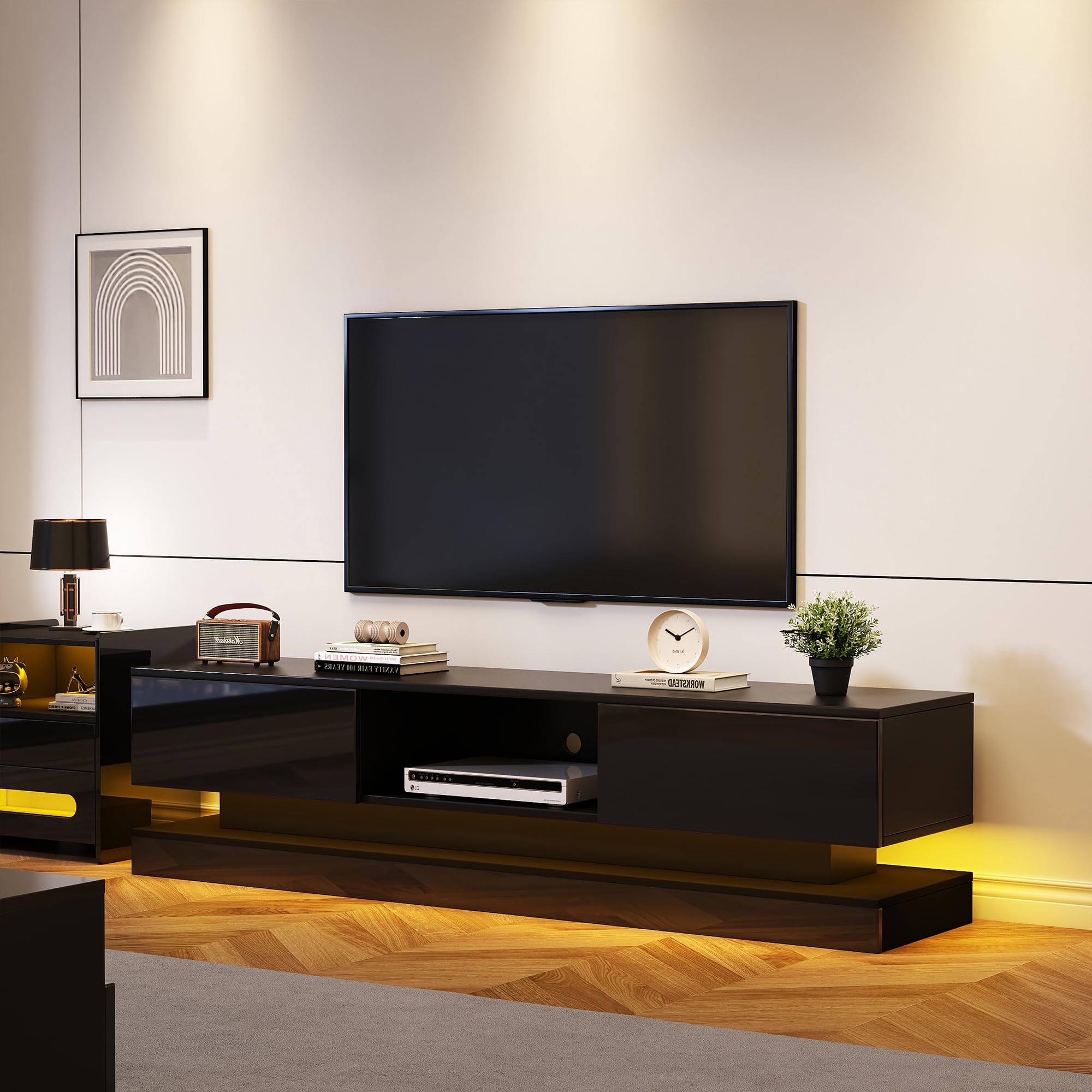 OKMYHOME - Mueble de TV con LED y 2 cajones, frontal brillante, panel de partículas, 160 x 35 x 40,5 cm, color negro