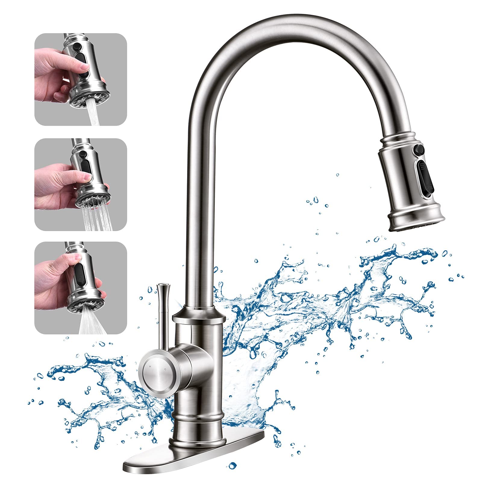 Robinet de cuisine anti-éclaboussures avec douchette extractible 3 modes pour grand évier