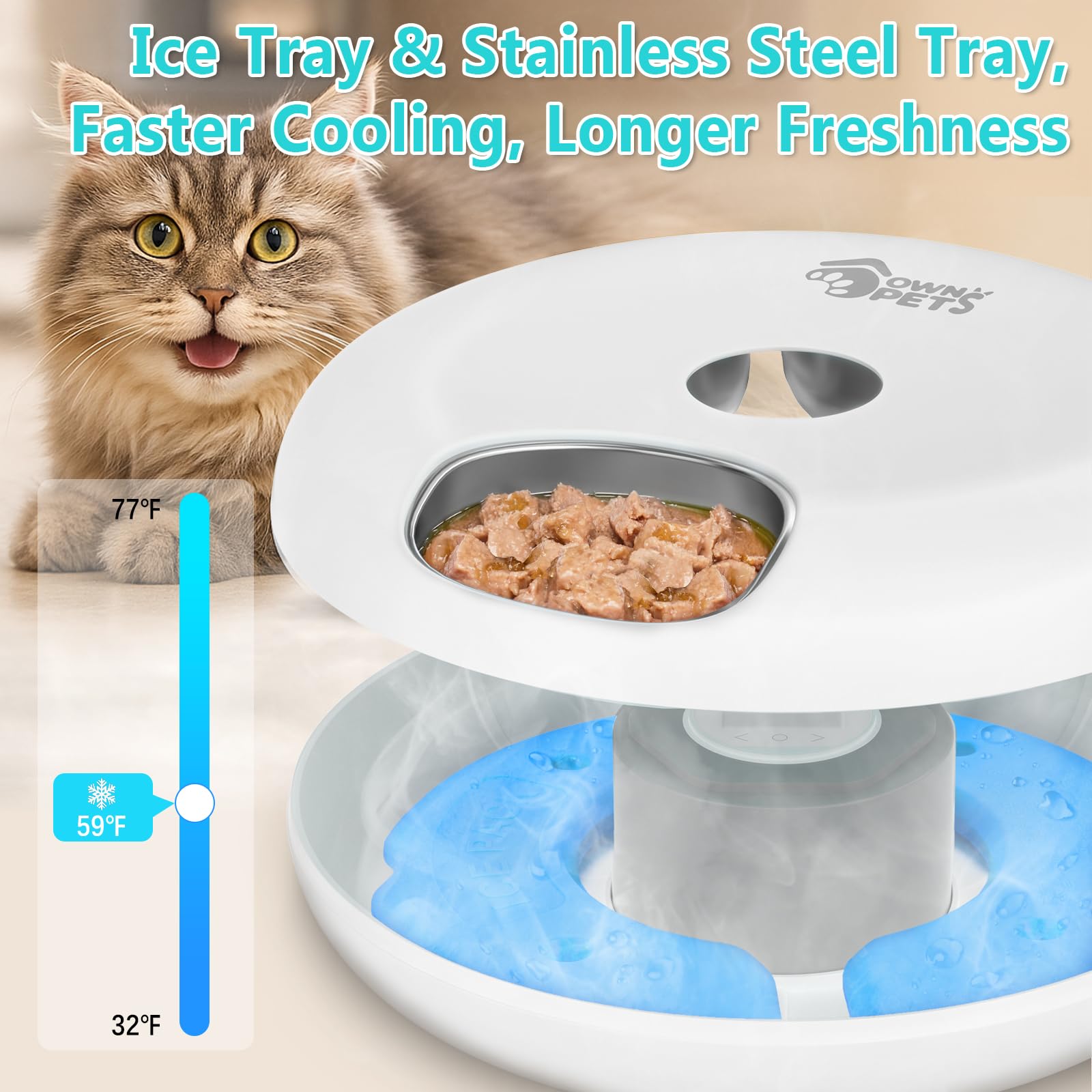Ownpets Distributeur automatique de nourriture humide pour animaux de compagnie avec alimentation USB, deux blocs de glace, plateau de nourriture en acier inoxydable pour 6 repas (1,2 kg chacun)