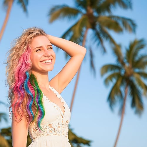 Miniatura 6 de BEAHOT - 32 extensiones de cabello con clip de colores  20 pulgadas de largo arcoíris lacio con clip sintético para Halloween cosplay fiesta de moda