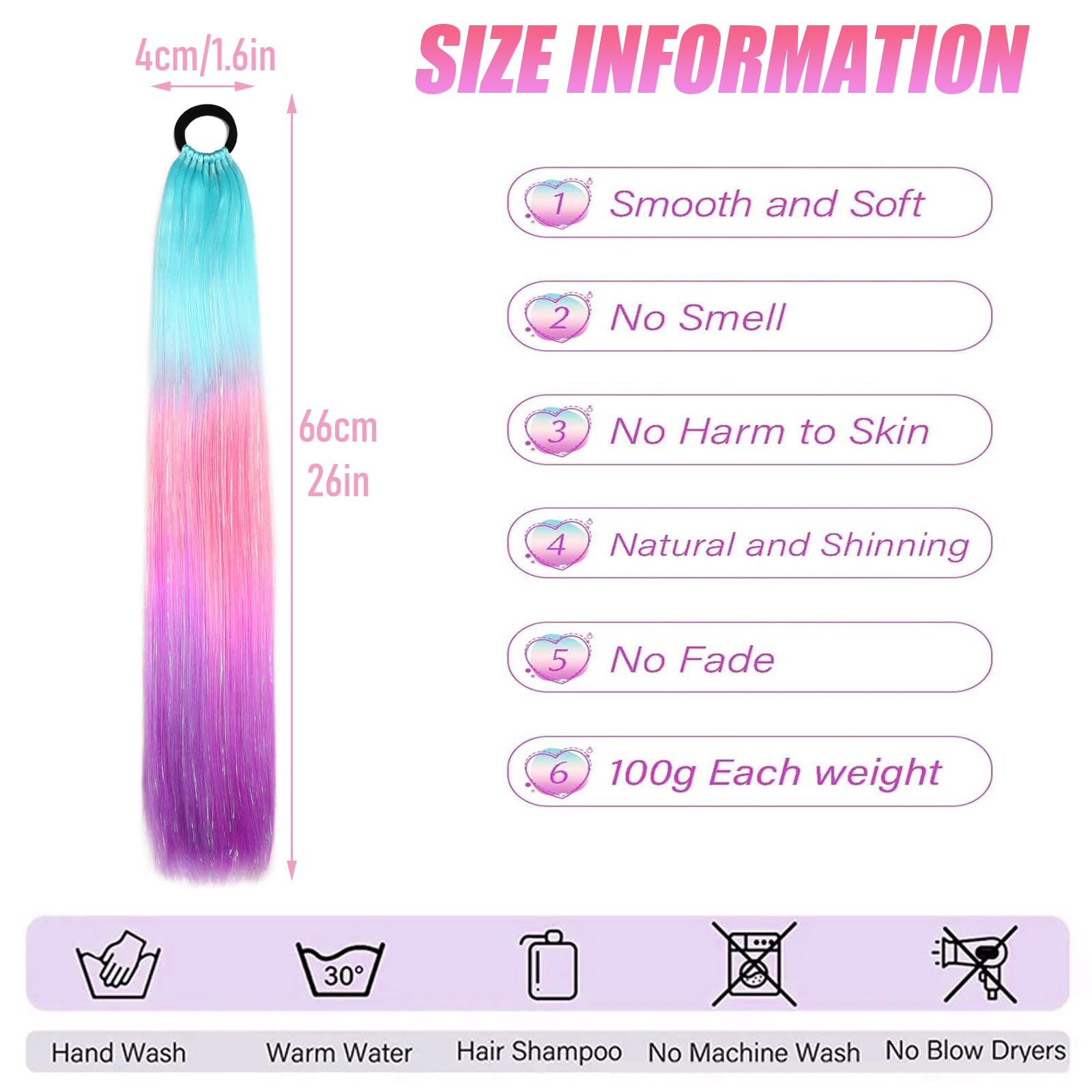 JSTHHTT Coloured Ponytail Extensions, Rainbow Hair Extensions - Image 3