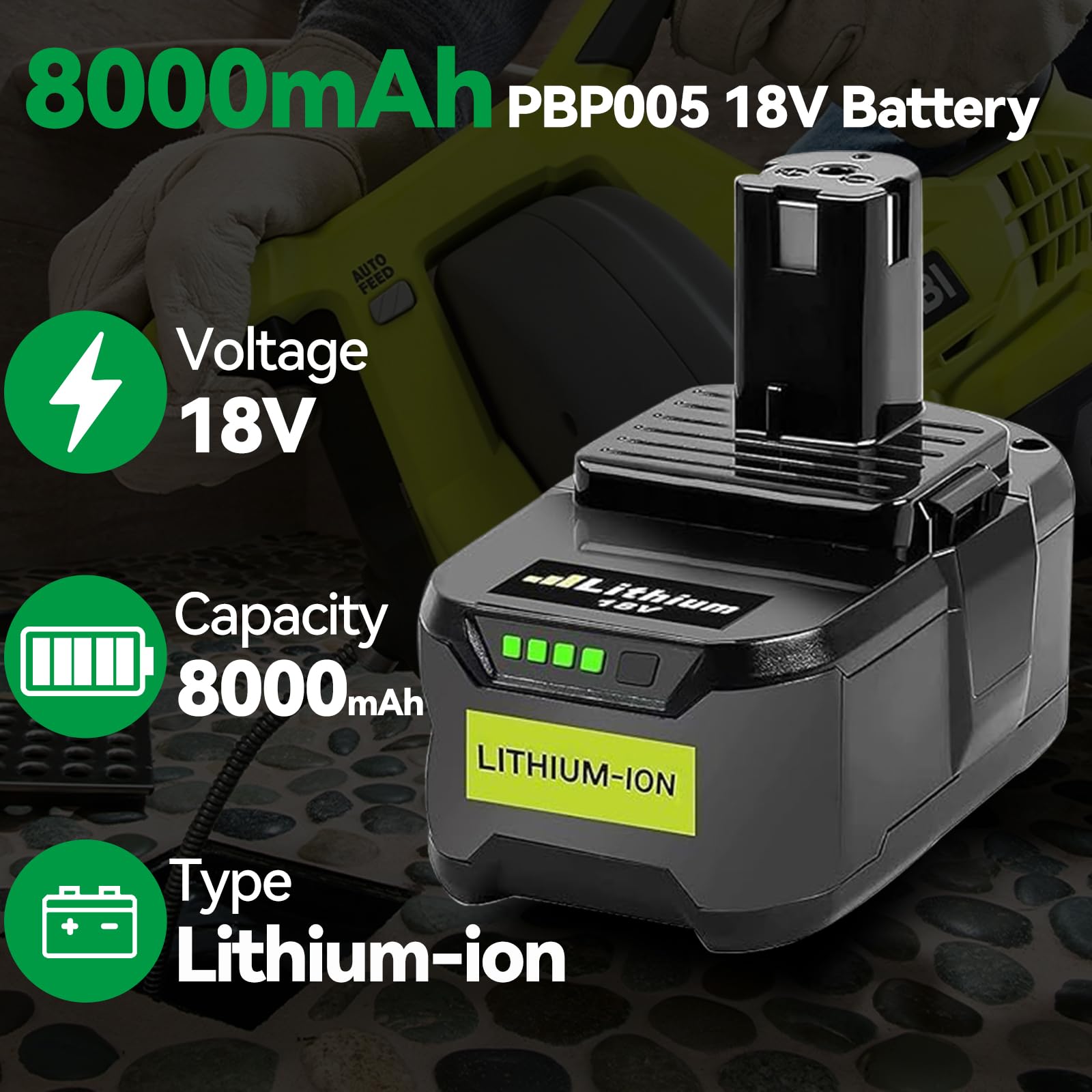 2 baterías de repuesto para Ryobi P108 P108 (8,0 Ah/8000 mAh, batería de repuesto para Ryobi P108 P104 P105 P107 RB18L50 RB18L15 RB18L25 RB18L13 RB18L40 Werk) batería con indicador LED