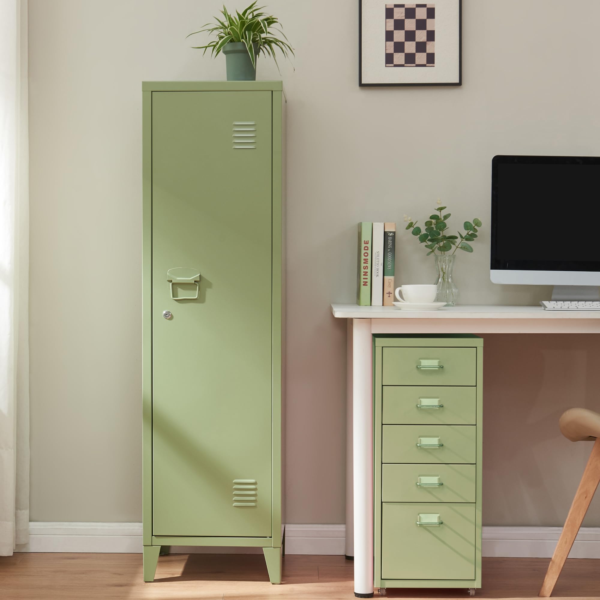 [en.casa] Pojedyncza szafka kurikka metalowa z 2 półkami 137 x 38 x 38 cm zamykana szafka z szafką metalową, szafa garderobiana, oliwkowa zieleń