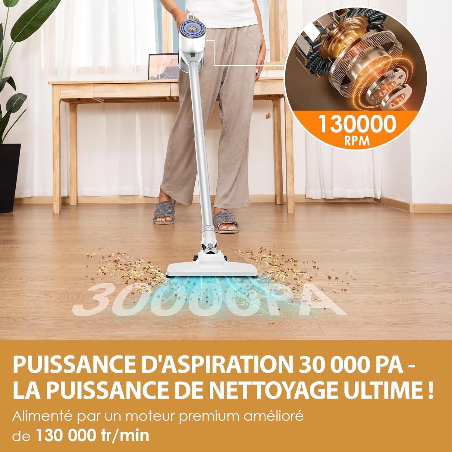 VersLife Aspirateur Balai sans Fil, Aspirateur sans Fil 30Kpa avec 30 Min d'Autonomie, 4 en 1 Aspirateur Balai sans Sac pour Les Poils d’Animaux, Tapis, Sols (Blanc)