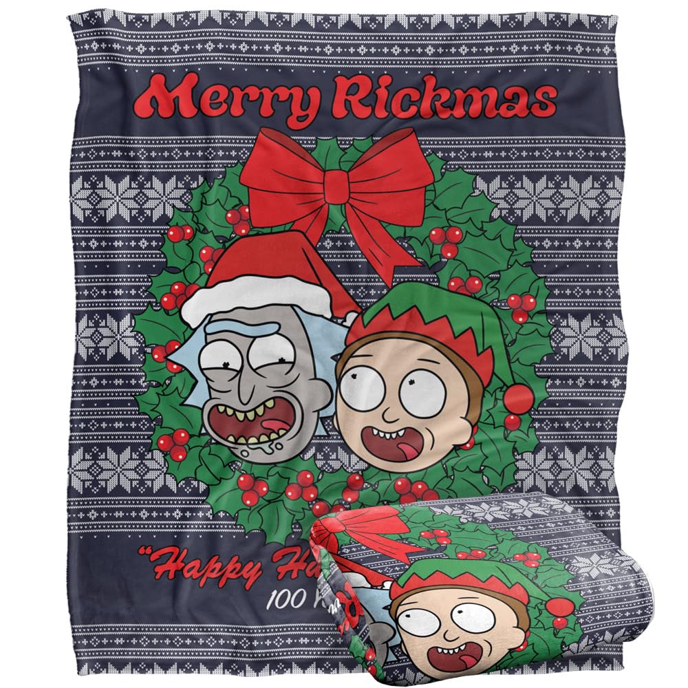 RICK AND MORTY Blanket, 152 x 127 cm Merry Rickmas Ugly Christmas Sweater Silky Touch Super Soft Throw Blanket