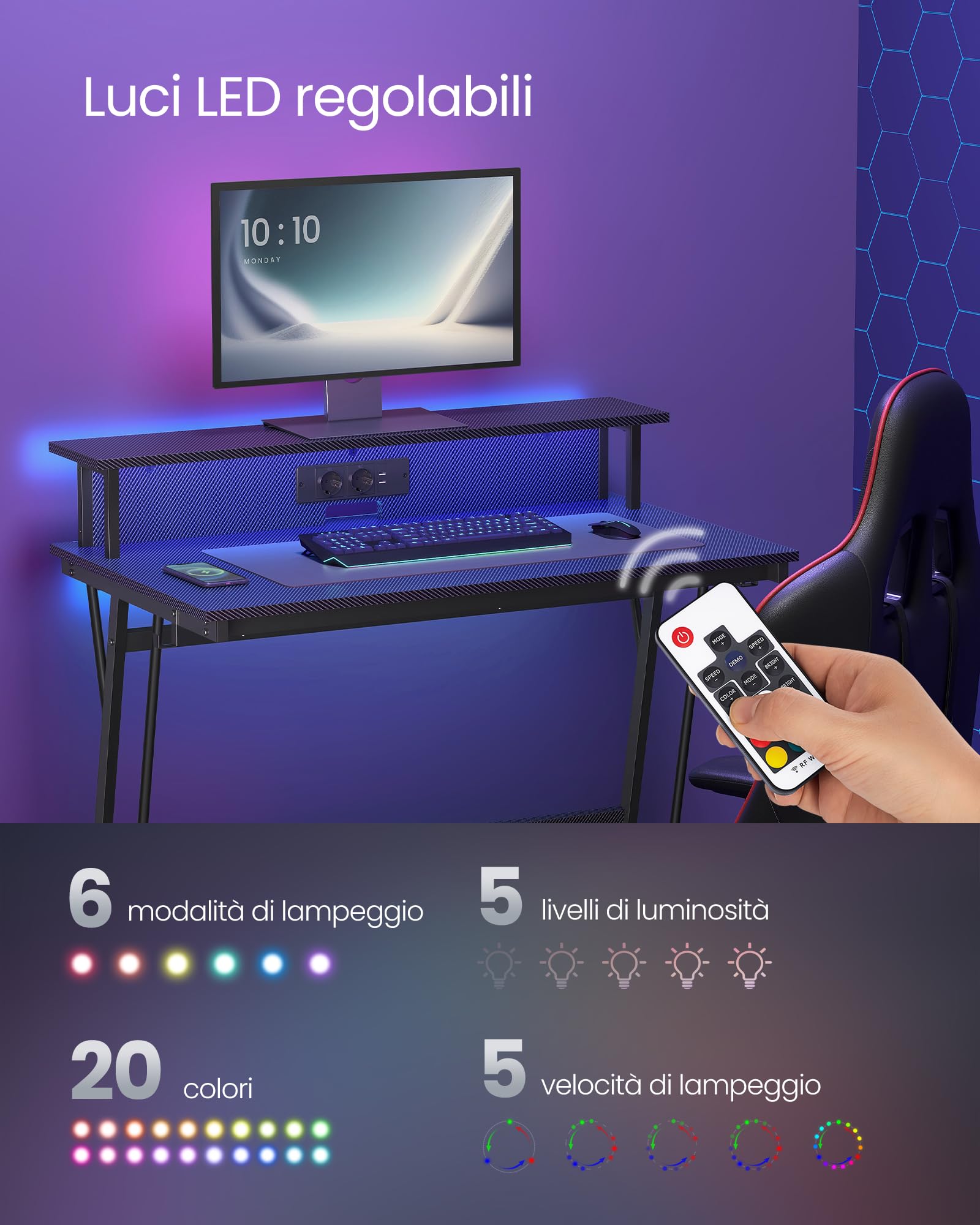 VASAGLE Scrivania da Gaming con Luci LED e Prese di Corrente, Scrivania da Computer, Supporto per Monitor, Tavolo per 2 Monitor, Ufficio, Camera da Letto, 60 x 100 x 76 cm, Nero Carbone LWD191B02