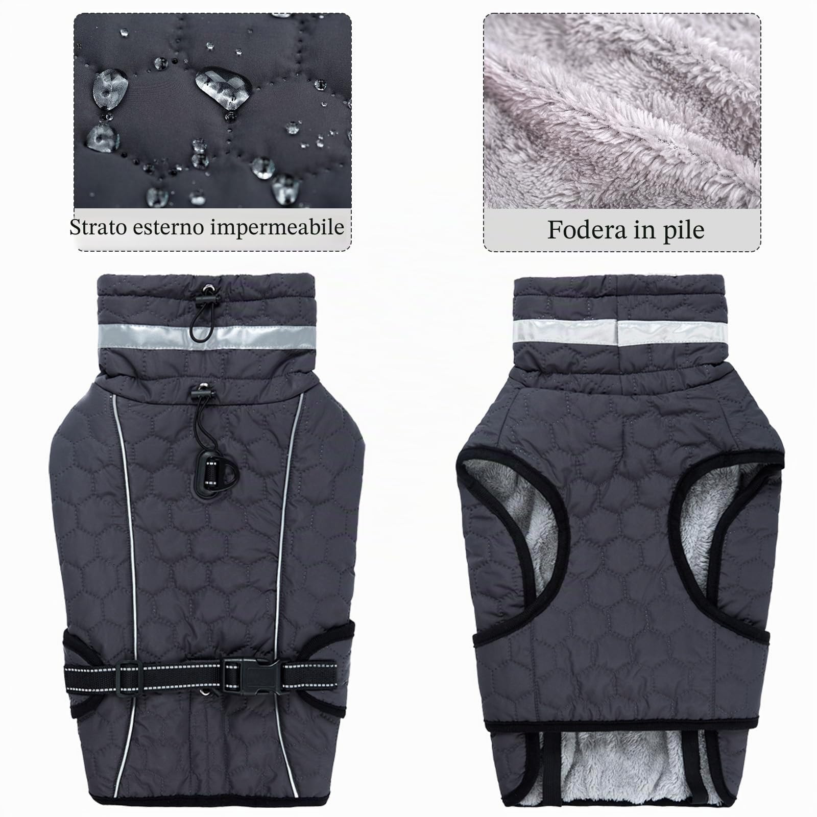Cappotto Impermeabile Cane Giubbotto Pile per Cani con Imbracatura Invernale Caldo Cappotti Giubbotto Impermeabile per Cani Regolabile Riflettente Cappottino Cane Taglia Piccola Media Grande