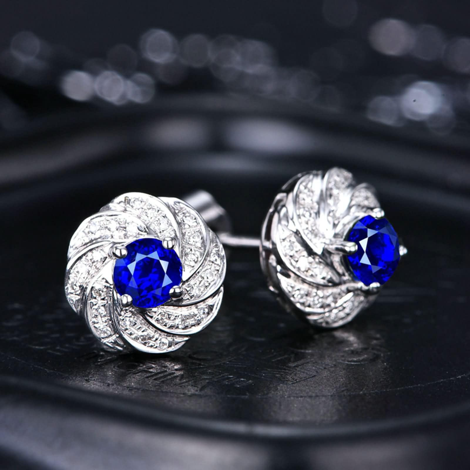 Ohrringe 9K / 14K / 18K Weißgold für Damen, Rund mit Saphir 0,72 Karat / 1 Karat und Diamant, Ohrringe Blau Silber Frauen für Hochzeit