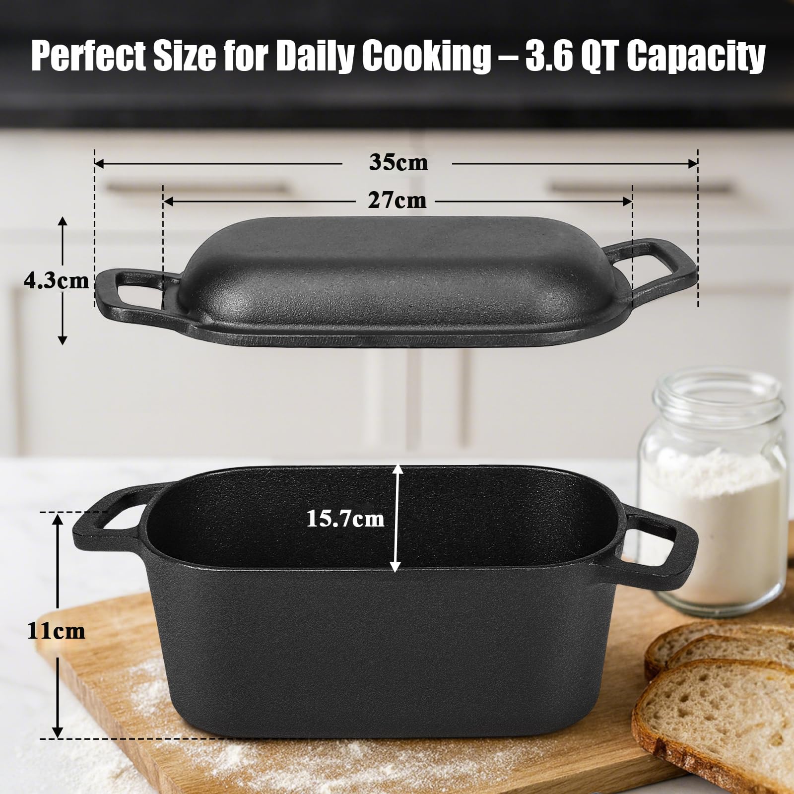 GFTIME Gusseisen Topf 35cm Brot Backen, Brotbackform mit Deckel - Robuste Brotbackform mit Deckel - Idealer Brottopf, Brotbacktopf, Gusseisentopf Brotform, Toastbrot Backform