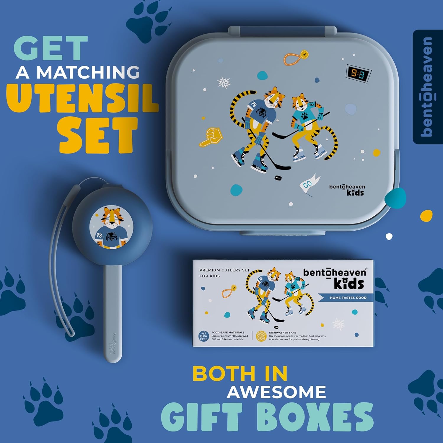 Bentoheaven Premium Bento Lunch Box for Kids, 9 Designs, Leak-proof 3-4 Compartments, Divider, Ideal size 30oz, Microwave/Dishwasher Safe Kids Bento Box (Loncheras Para Niños/Niñas)[Ice Blue]