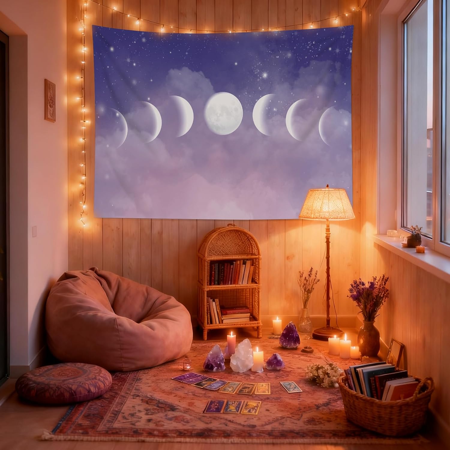 HVEST Moon Phase Tapestry Wall Hanging Purple Sky with Clouds Stars Celestial Wall Decor Nature Landscape Tapestry Hanging Decor for Bedroom, Living Room, Dorm, 40L x 60W Inches