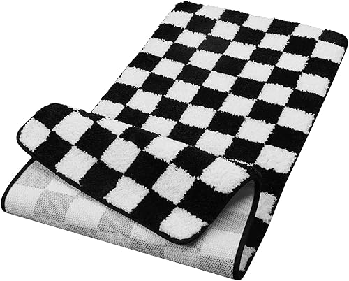 Miniatura 7 de Uphome Alfombra de baño de 18 x 47 pulgadas, lavable a máquina, a cuadros, color blanco y negro, antideslizante, absorbente de agua, de microfibra