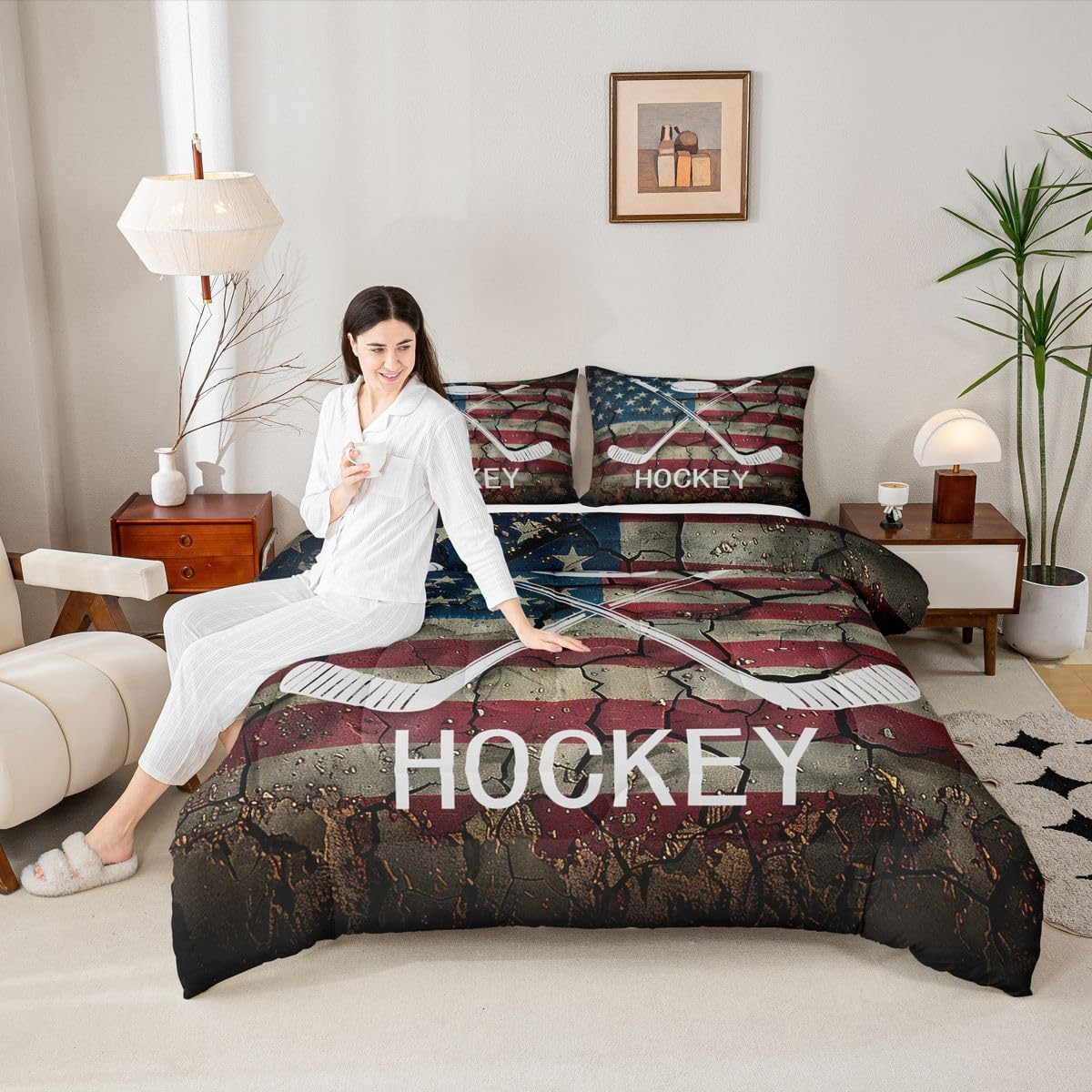 Erosebridal Ice Hockey Comforter Set Twin Size, American Flag Duvet Insert for Kids Boys Teens, Hockey Sports Game Bedding Set United States Federations Stars Stripes Retro Quilt with 1 Pillow Case