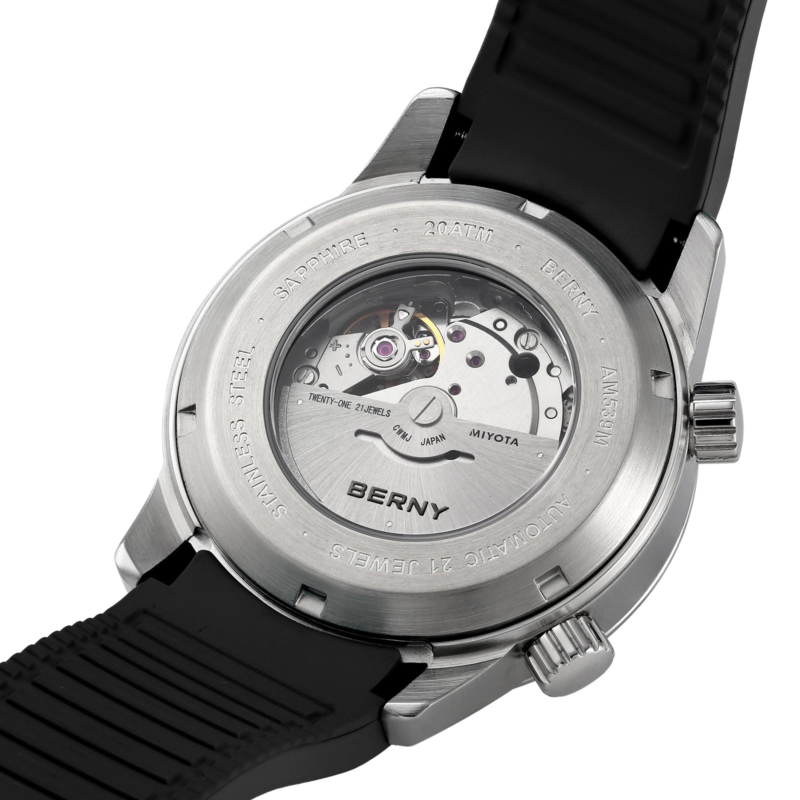 BERNY Relojes Mecánicos Automáticos Se Pulsera para Hombres Dive Relojes De Pulsera con Corona De Tornillo 20ATM Impermeable Hv600 Ddureza Correa De Silicona De Vidrio Zafiro Súper Luminosa
