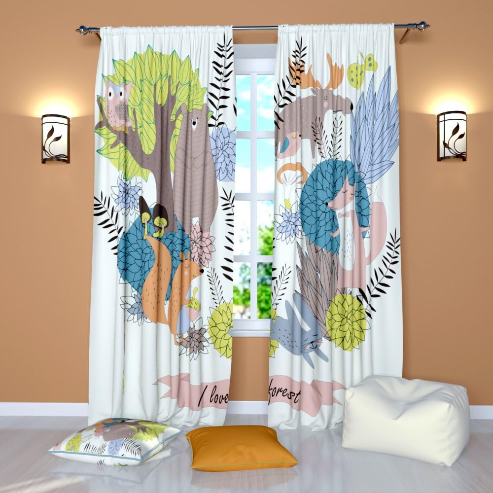 Factory4me Curtains for Kids Room Forest Animals. Window Curtain Set of 2 Panels Each W52 x L96 Total W104 x L96 inches Drapes for Living Room Bedroom Kitchen
