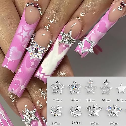 Miniatura 6 de 20 dijes de uñas de estrella para uñas acrílicas, estrellas plateadas 3D, diamantes de imitación, diseño de estrella, gemas de uñas, joyas de