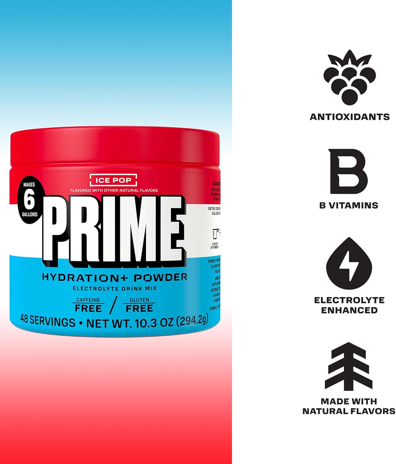 PRIME HYDRATION+ Electrolyte Powder, Ice Pop, Sugar Free Hydration Drink Mix with Potassium, Magnesium & B Vitamins to Replenish Fluids, Caffeine Free, 6 Gallon Tub, 48 SRV