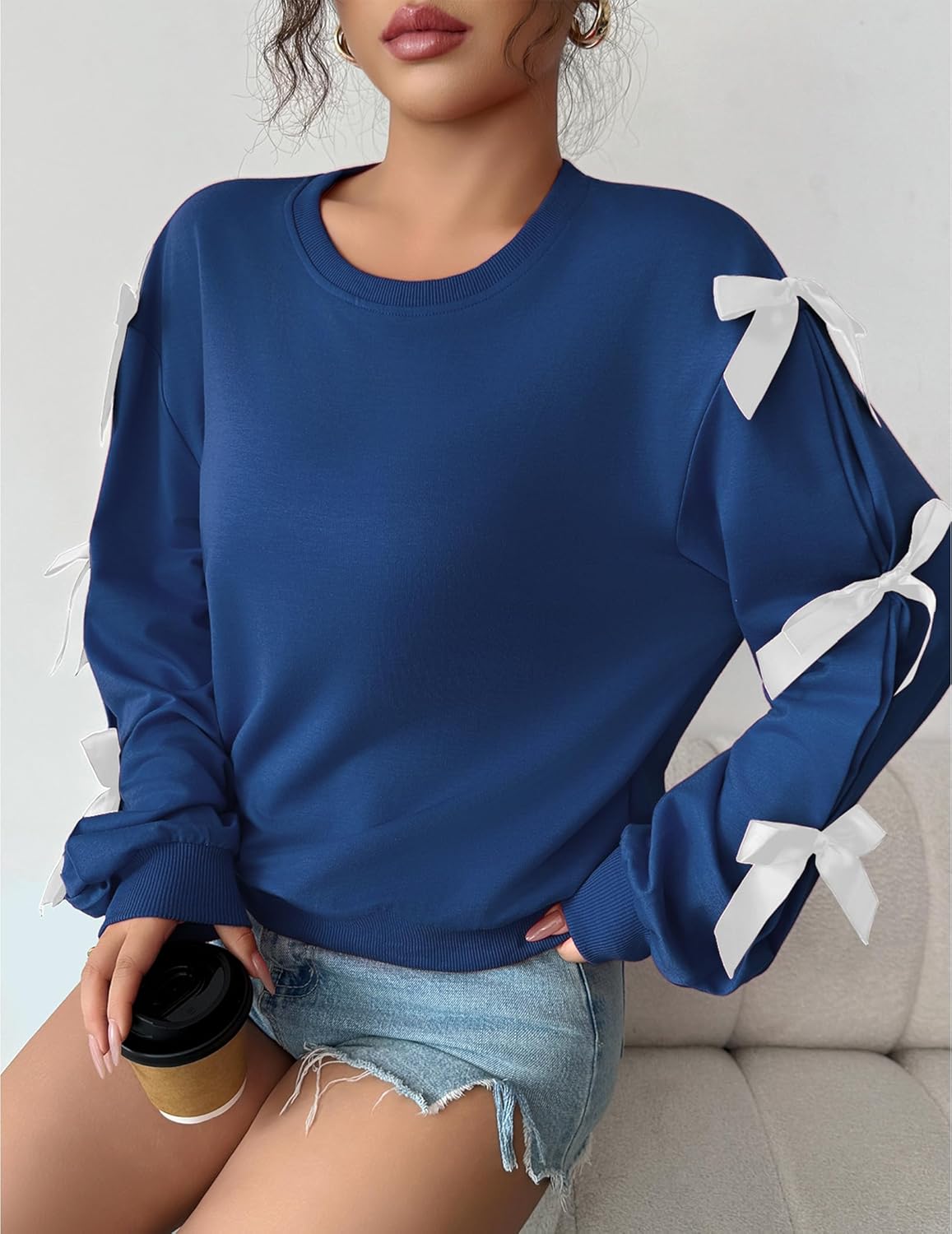 Womens Bow Lightweight Sweatshirt Oversized Crew Neck Comfy Long Sleeve Casual Loose Pullover Top Y2K Clothes - Image 4