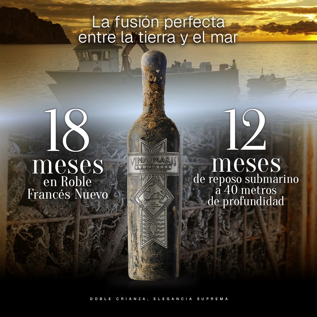 Vina Maris 2017 | Vino Tinto Crianza Submarina | Crianza Bajo el Mar Mediterráneo | Edición Limitada | Vino Gourmet Premium | Roble Francés | 75cl | Estuche de Regalo