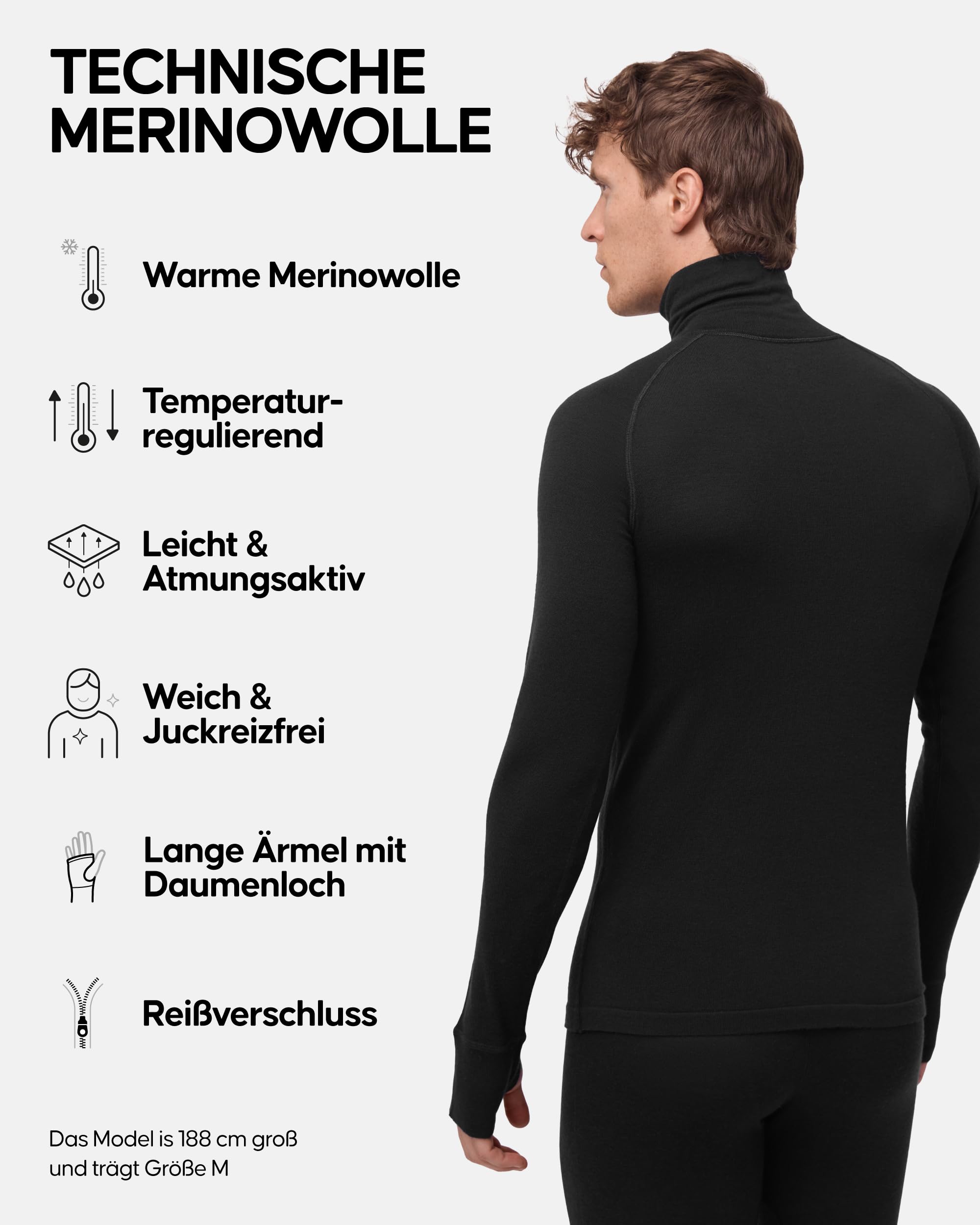 DANISH ENDURANCE Merino Shirt Herren, Reißverschluss & Rollkragen, Half Zip Pullover, Premium Thermounterwäsche, Skirolli, Thermoshirt, Warm & Atmungsaktiv