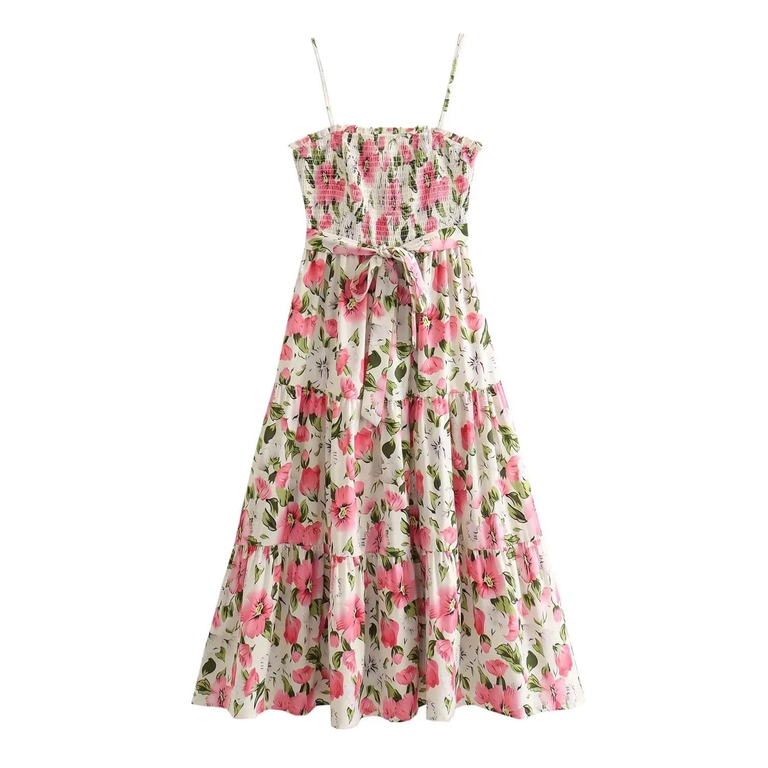 Vestido camisola con estampado floral con cinturón, sin mangas, espalda descubierta, elástico, ajustado, vestido largo midi Y2k