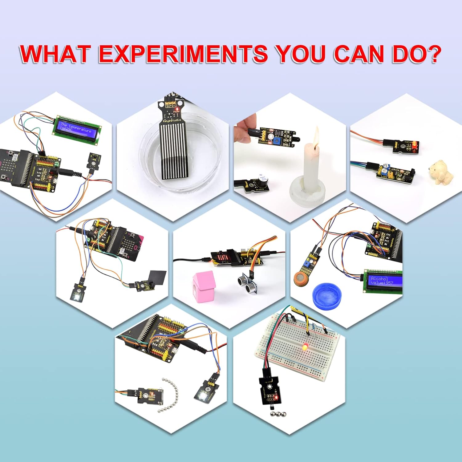 Collage of various experiments that can be performed with the KEYESTUDIO sensor kit, including water level detection, flame detection, and ultrasonic ranging
