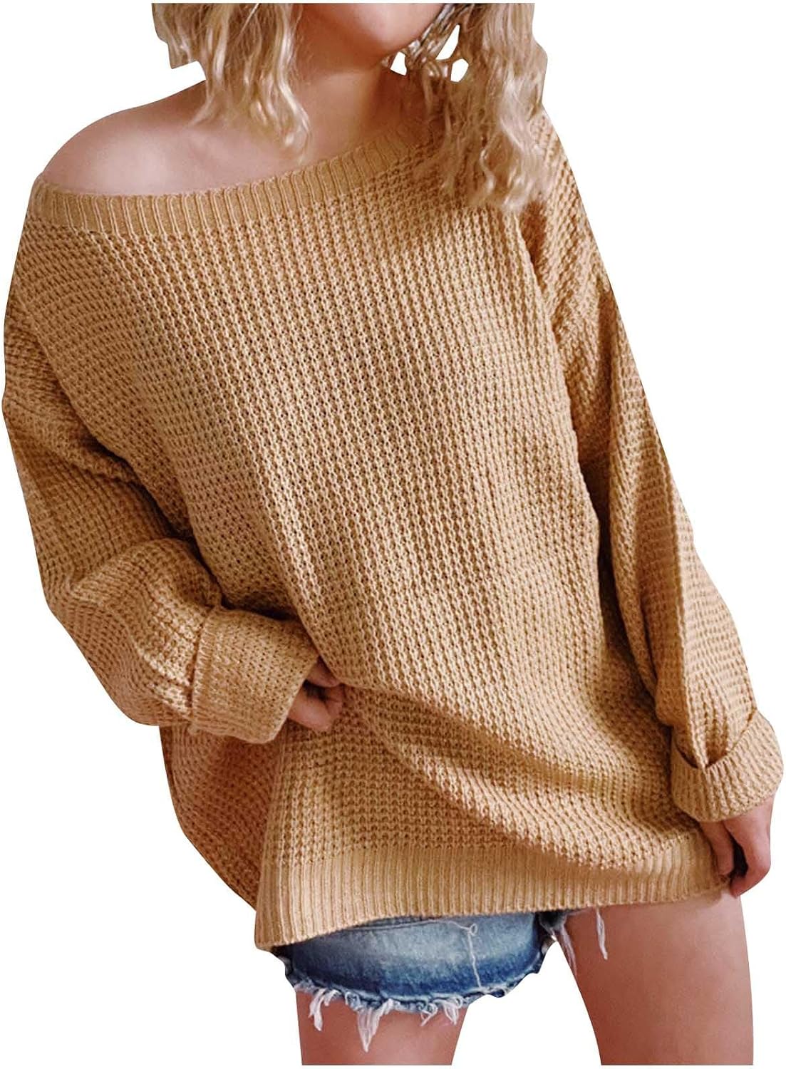 Womens Oversized Off The Shoulder Tops Long Sleeve Waffle Knit Shirt Drop Shoulder Sweater Casual Plus Size Top