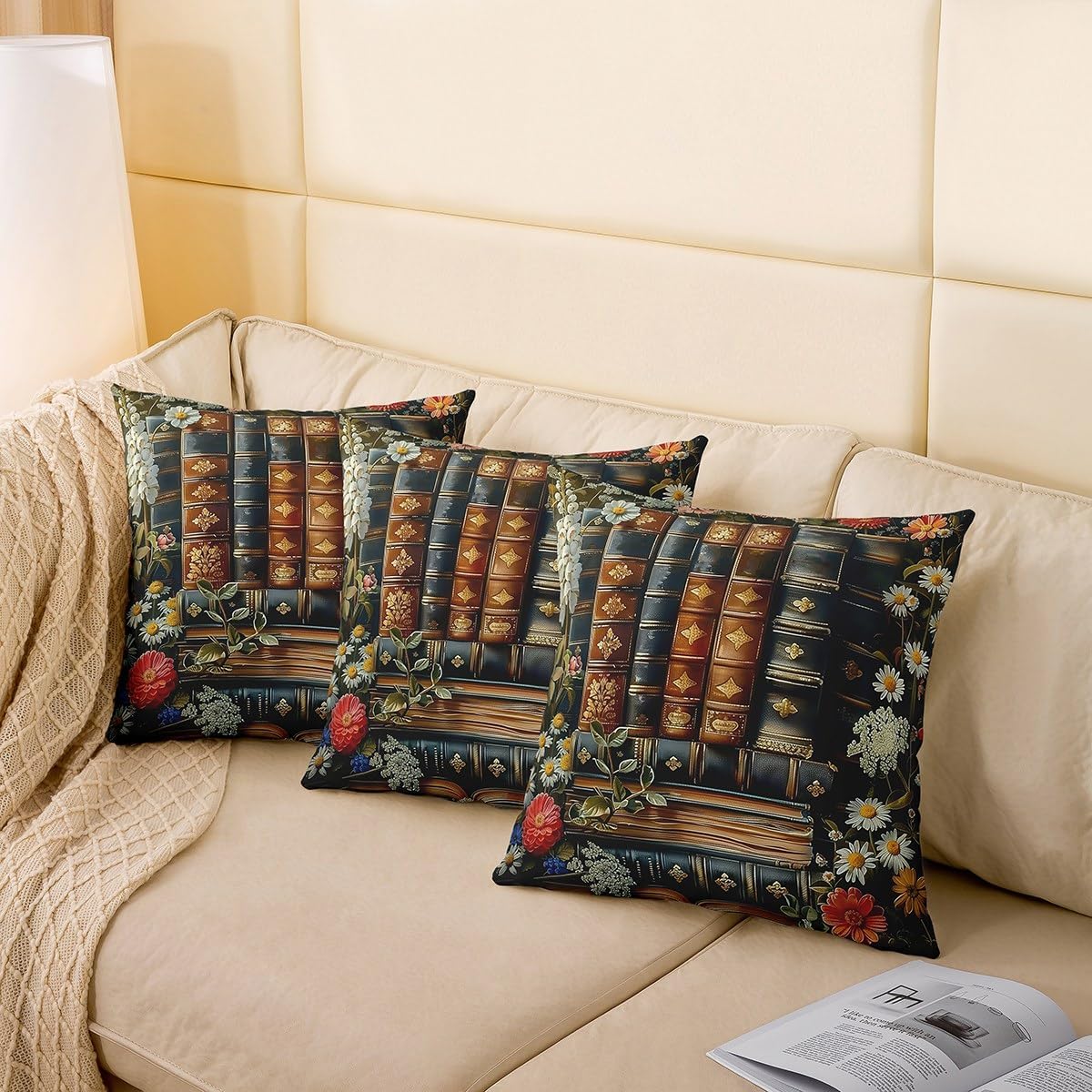 Erosebridal Library Books Throw Pillow Covers 18x18 Inch Set of 4,Retro Bookshelf Pillow Covers for Sofa Rustic Daisy Flowers Floral Decorative Square Pillow Cases for Bedroom,Brown Red White